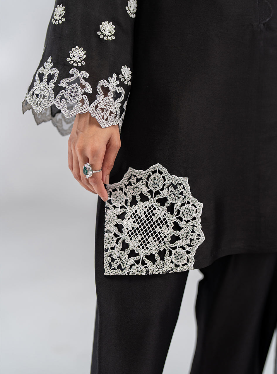 Black Embroidered Silk Salwar Kameez (3-Piece) - Image 2