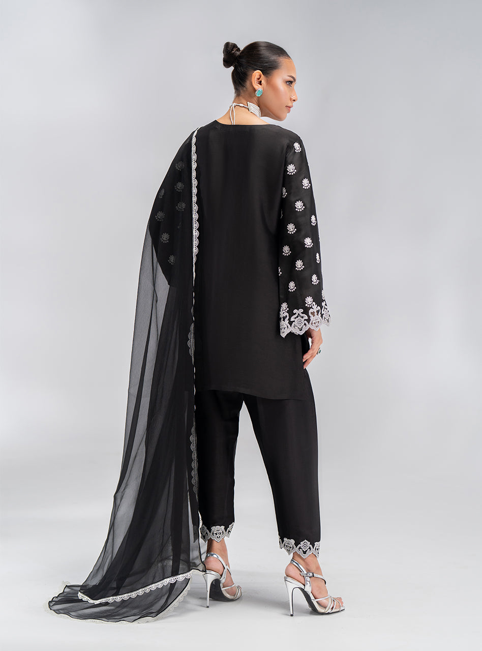 Black Embroidered Silk Salwar Kameez (3-Piece) - Image 5