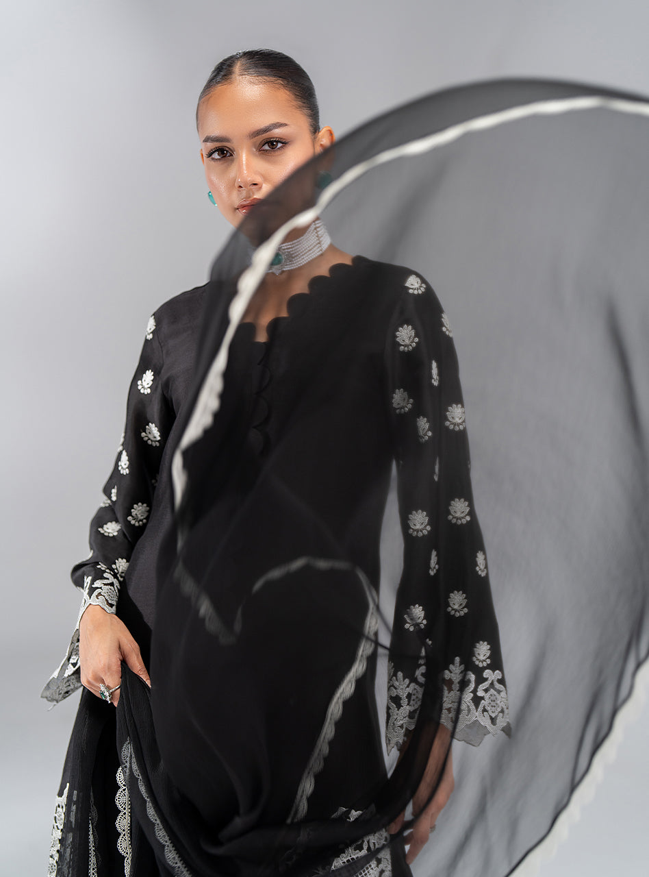 Black Embroidered Silk Salwar Kameez (3-Piece) - Image 8