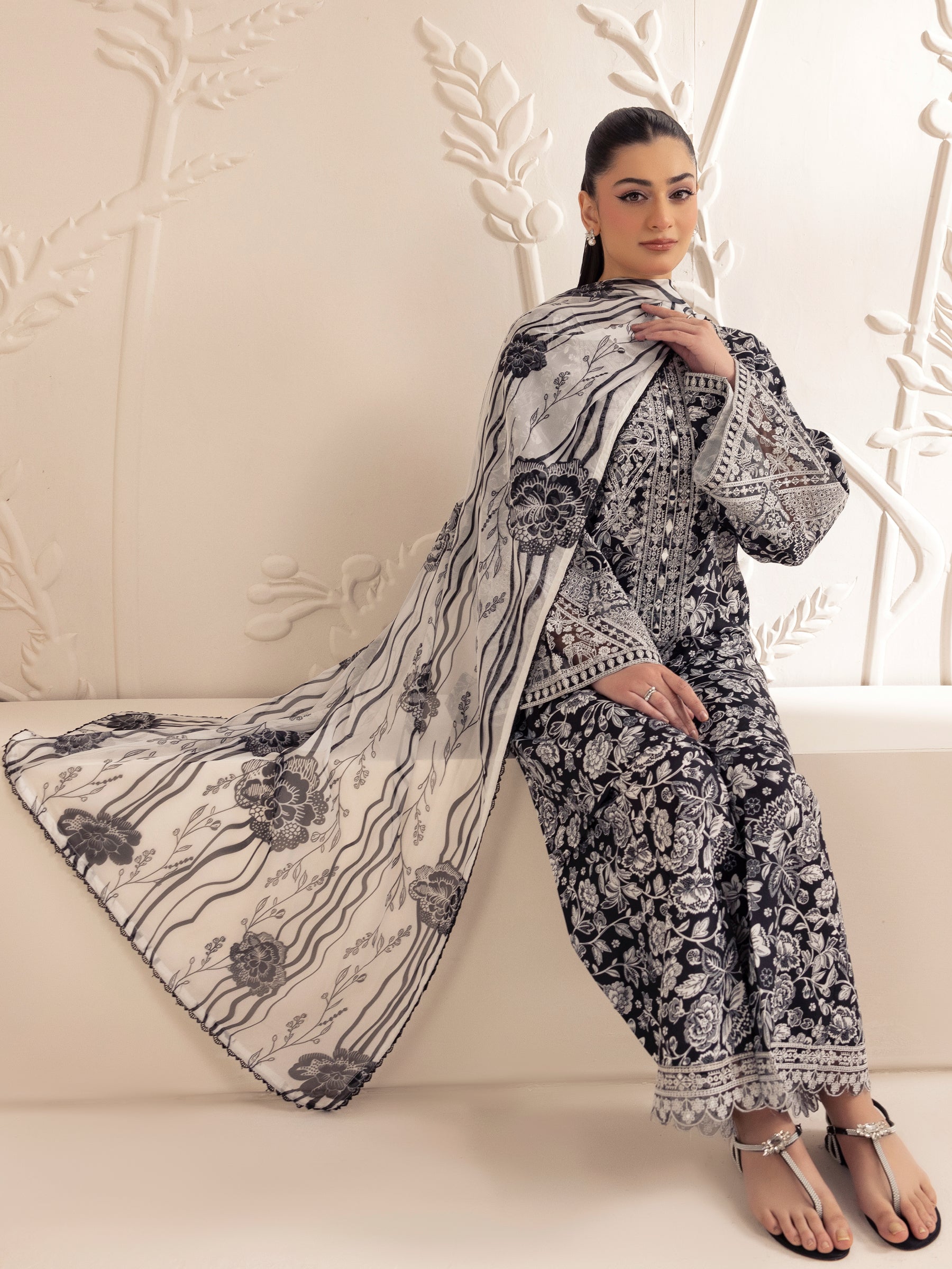 Pakistani Black Printed Silk Lawn 3-Piece Suit with Embroidery - Image 10