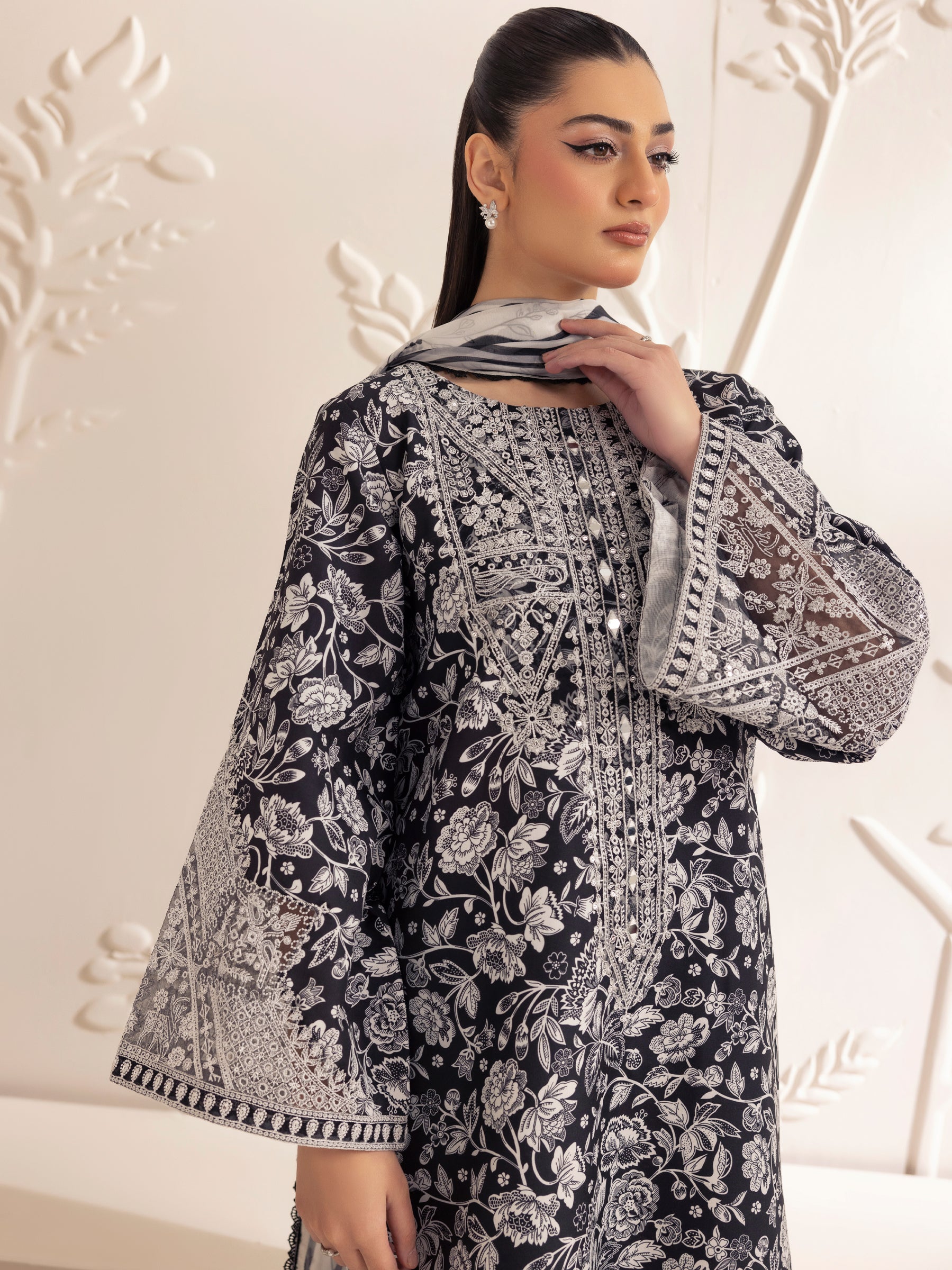 Pakistani Black Printed Silk Lawn 3-Piece Suit with Embroidery - Image 13