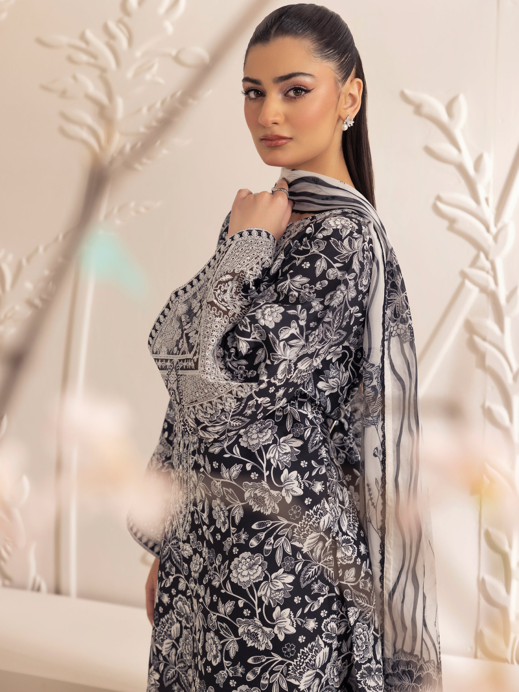 Pakistani Black Printed Silk Lawn 3-Piece Suit with Embroidery - Image 14