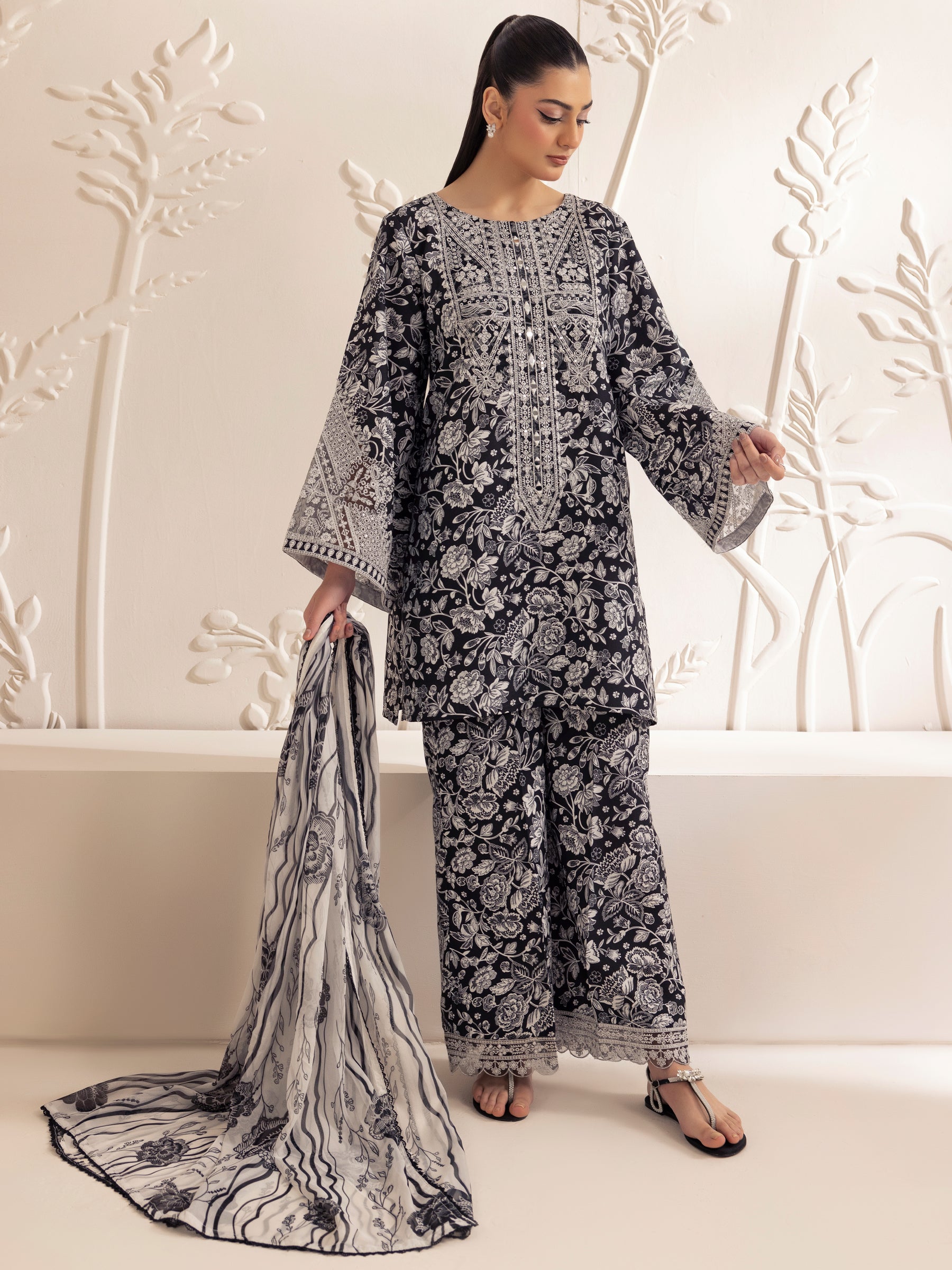 Pakistani Black Printed Silk Lawn 3-Piece Suit with Embroidery - Image 16