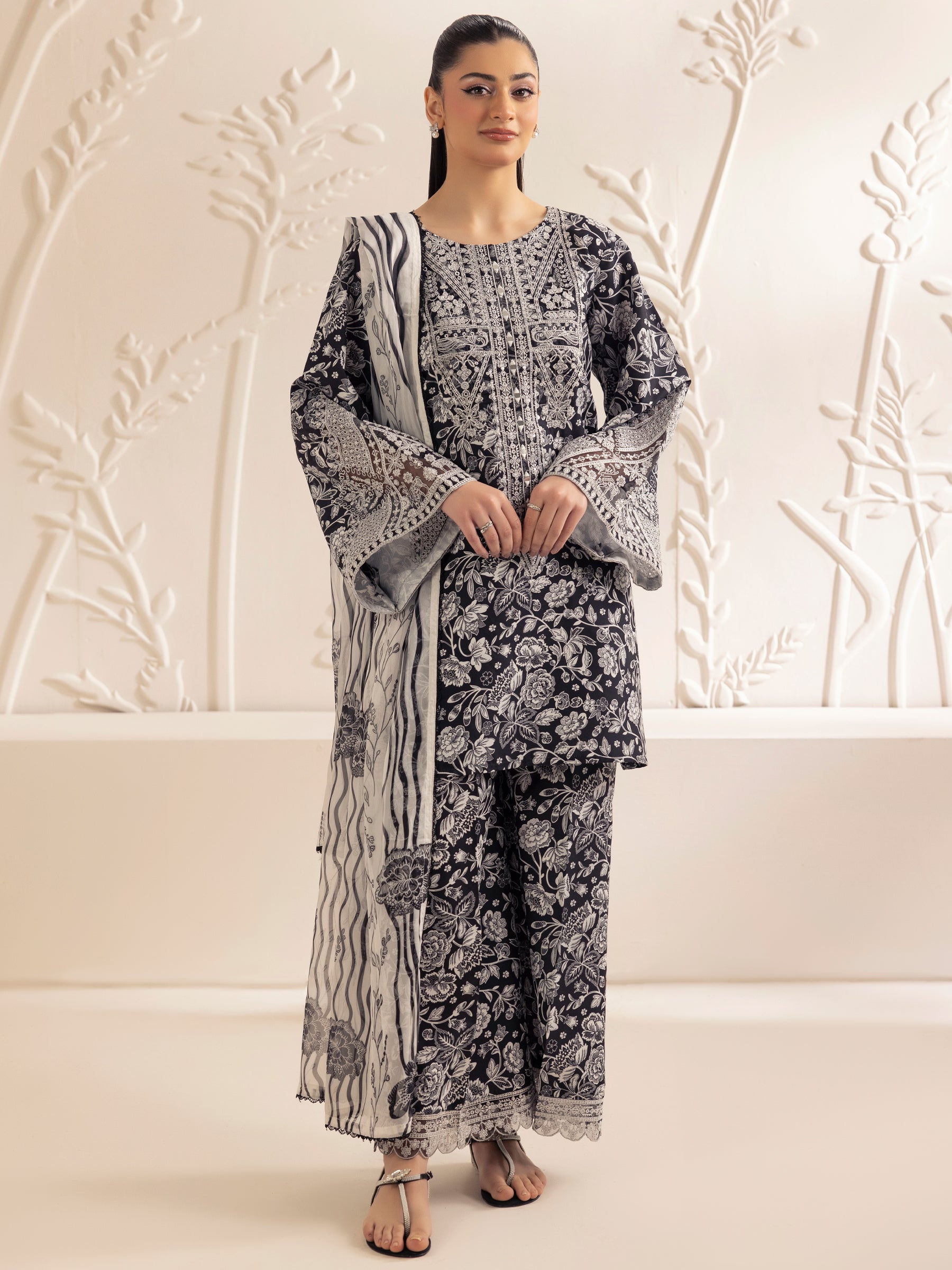 Pakistani Black Printed Silk Lawn 3-Piece Suit with Embroidery - Image 2