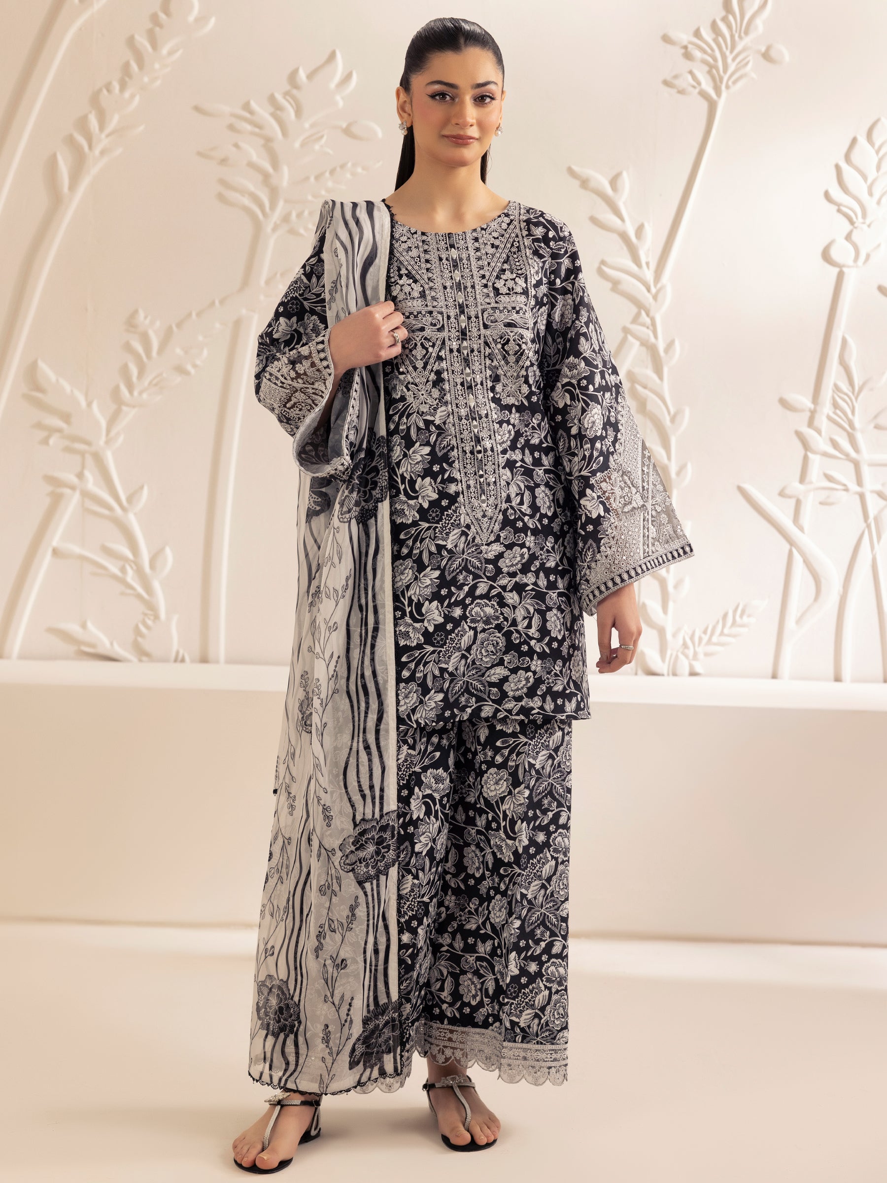Pakistani Black Printed Silk Lawn 3-Piece Suit with Embroidery - Image 3