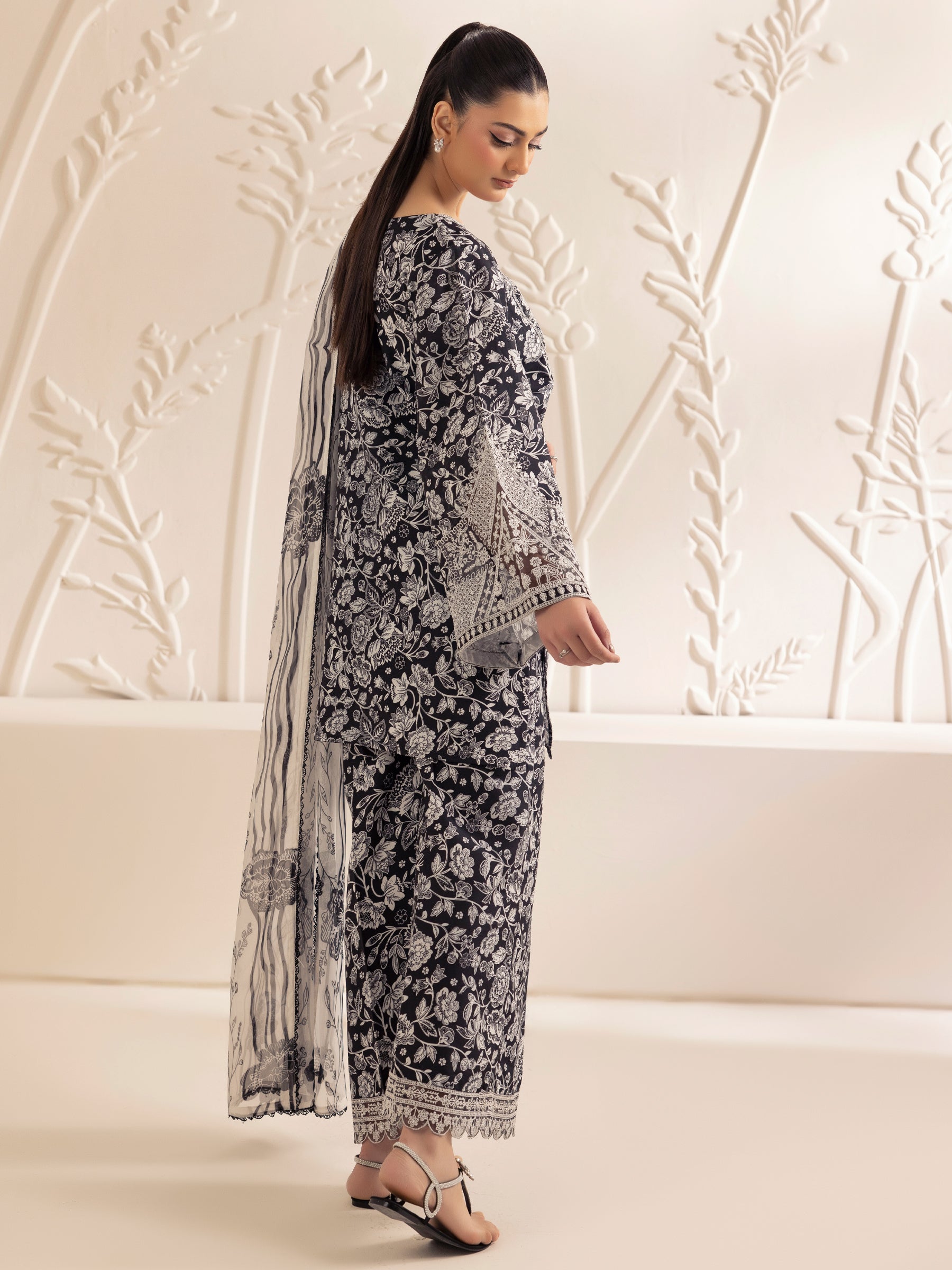 Pakistani Black Printed Silk Lawn 3-Piece Suit with Embroidery - Image 5