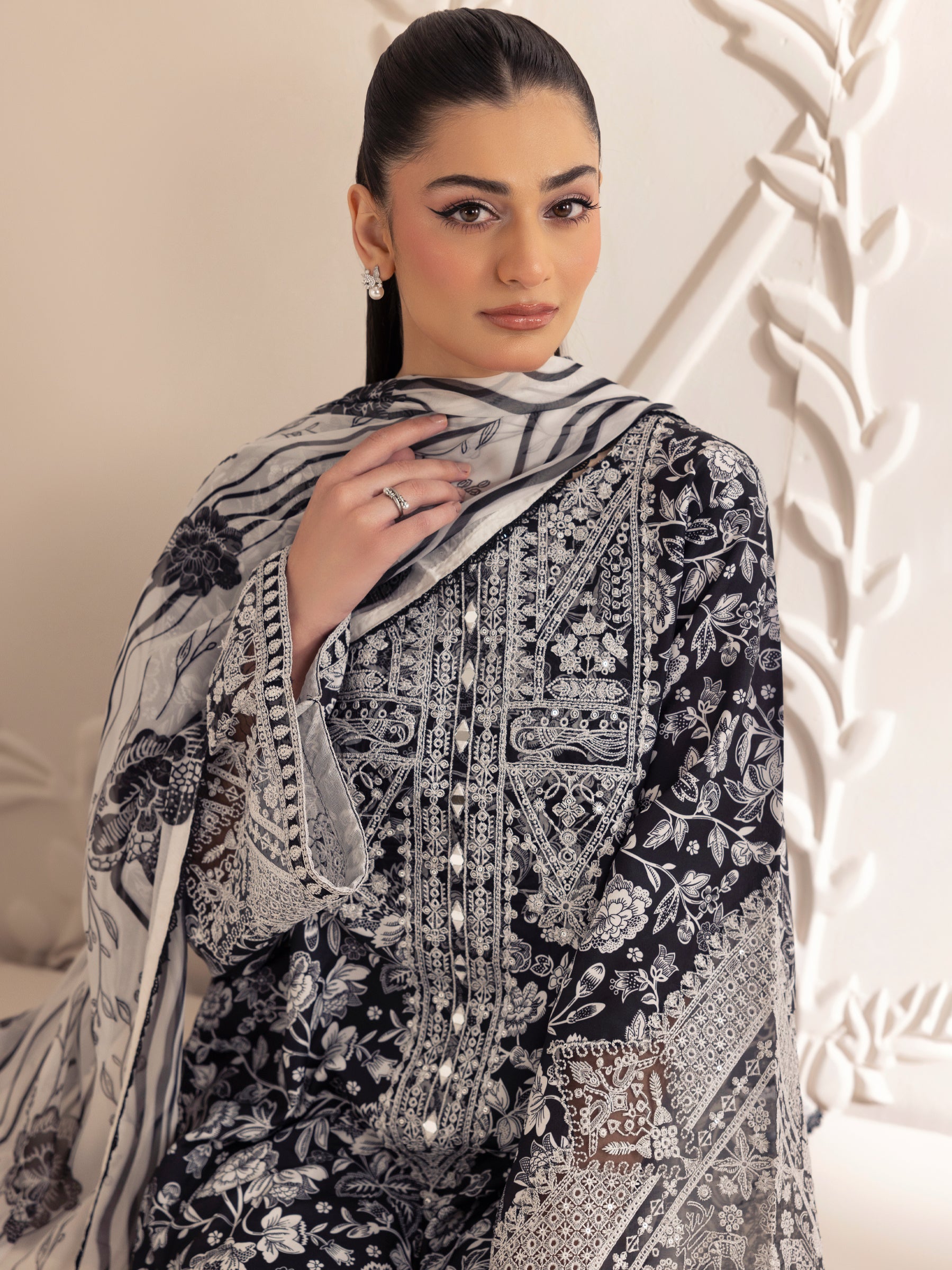Pakistani Black Printed Silk Lawn 3-Piece Suit with Embroidery - Image 9