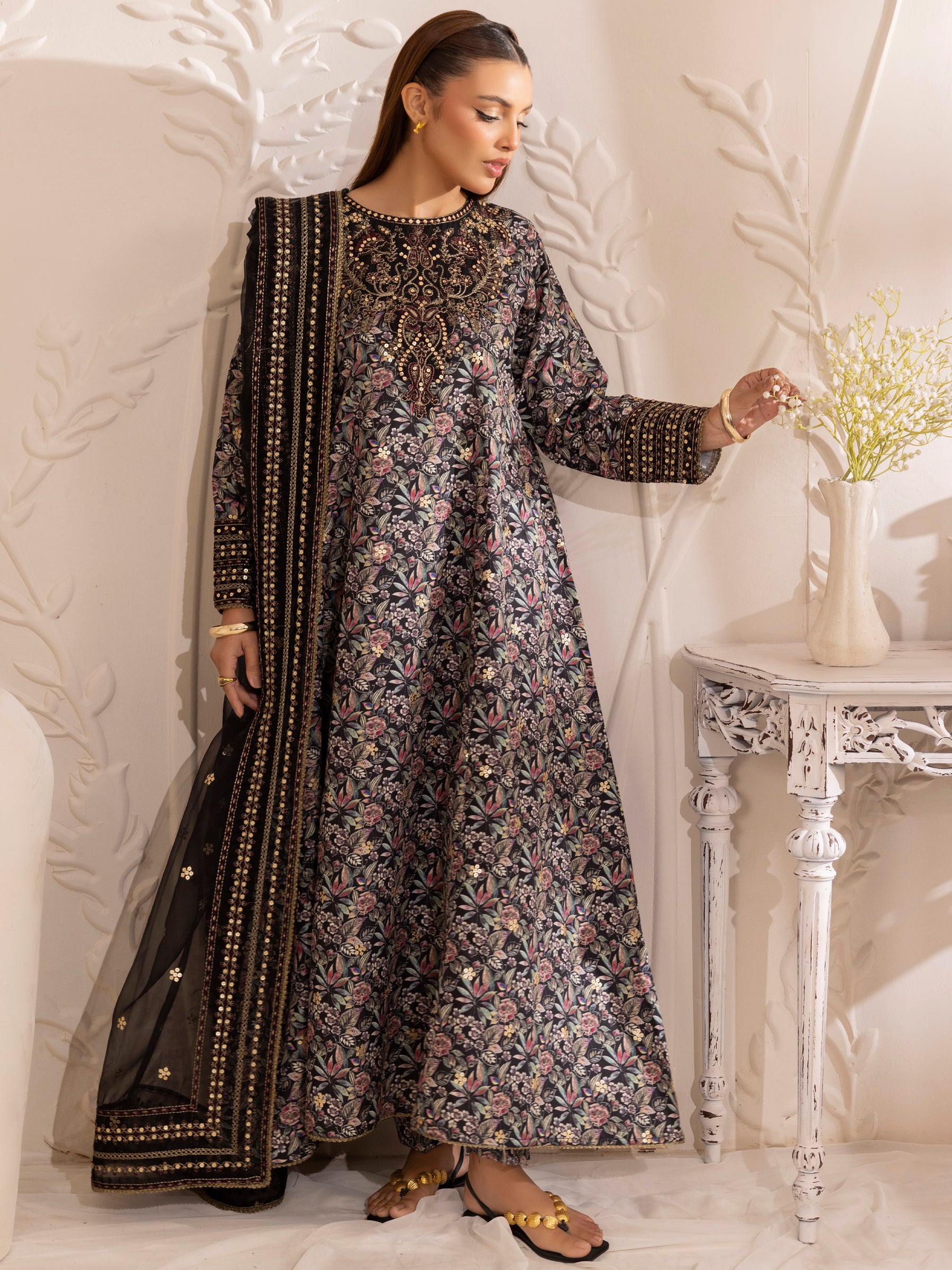 Black Embroidered Silk Lawn Salwar Kameez (3-Piece) - Image 10