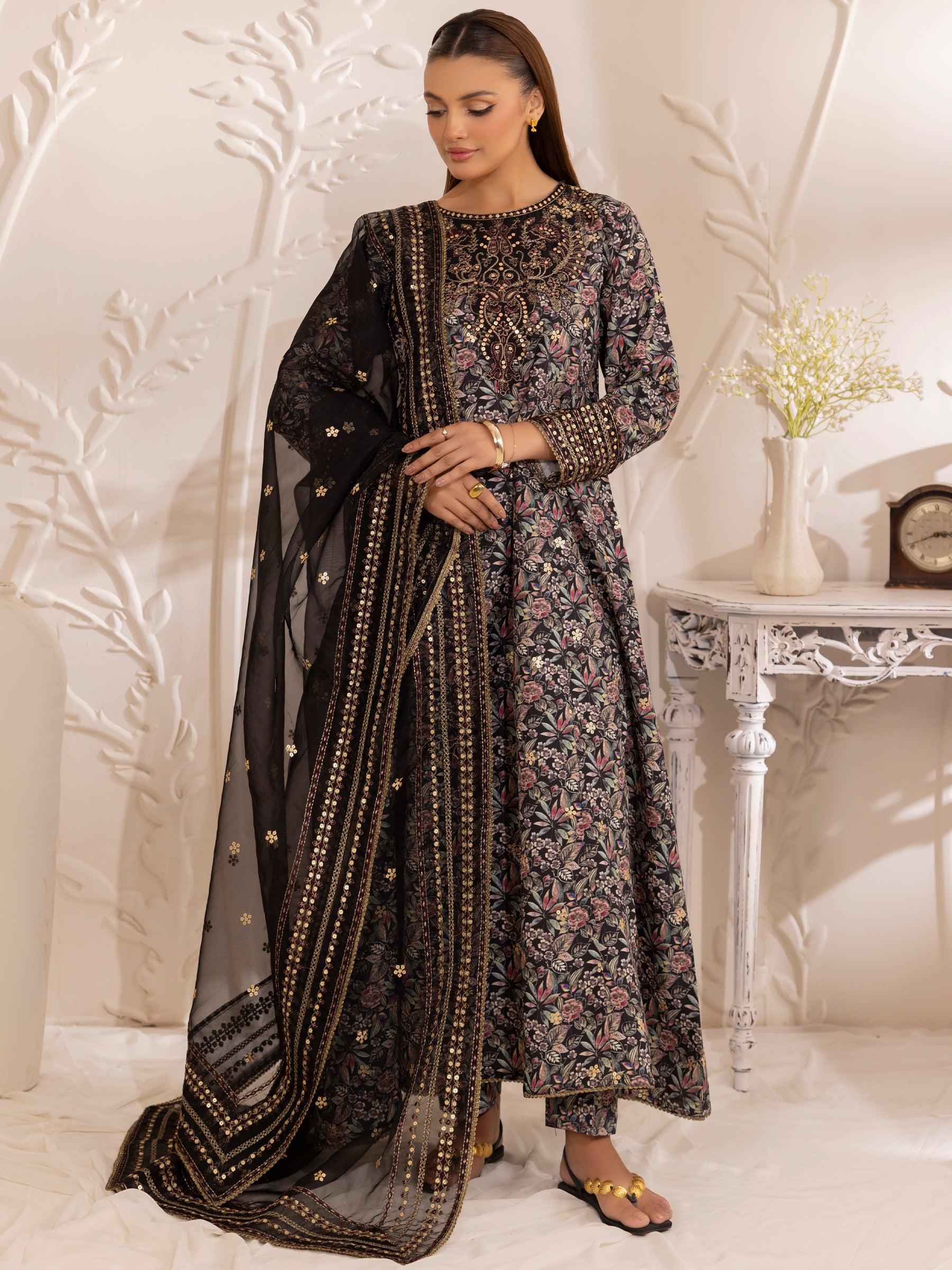 Black Embroidered Silk Lawn Salwar Kameez (3-Piece) - Image 11