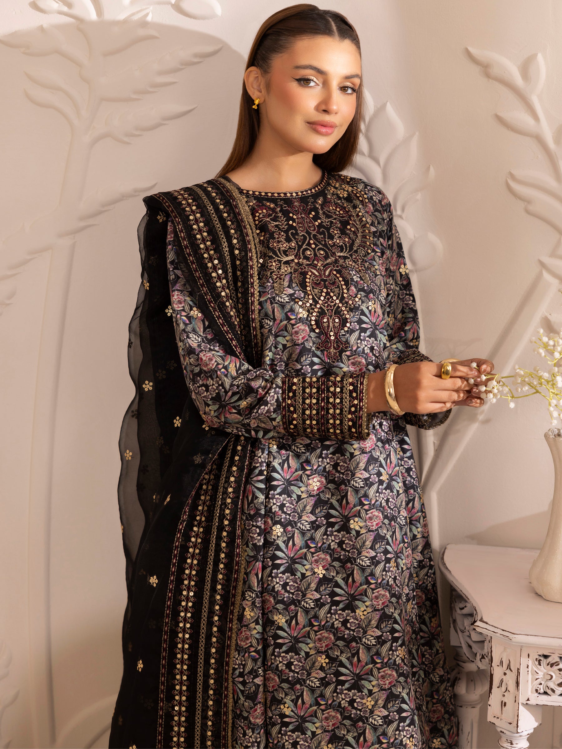 Black Embroidered Silk Lawn Salwar Kameez (3-Piece) - Image 12