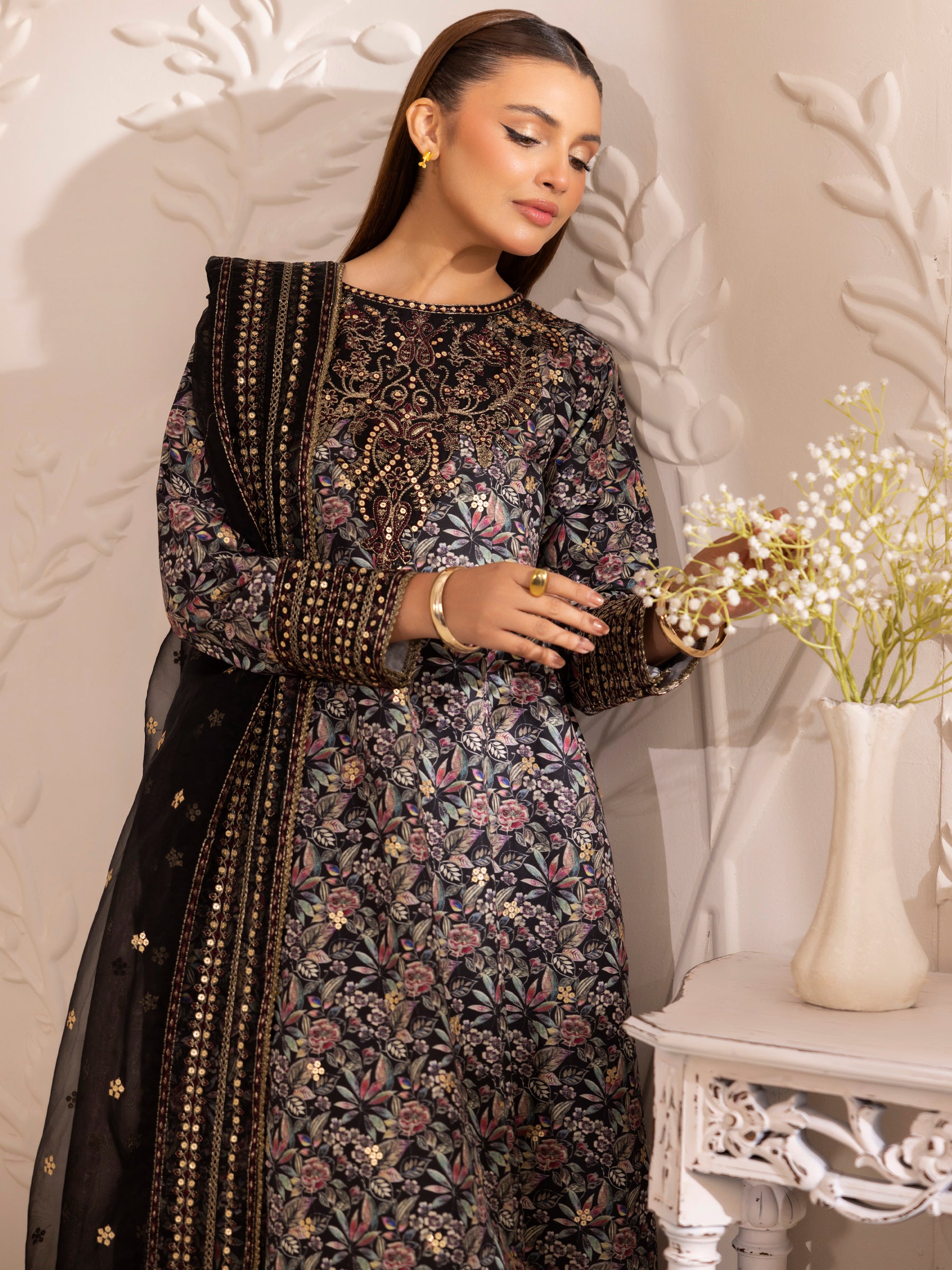 Black Embroidered Silk Lawn Salwar Kameez (3-Piece) - Image 13