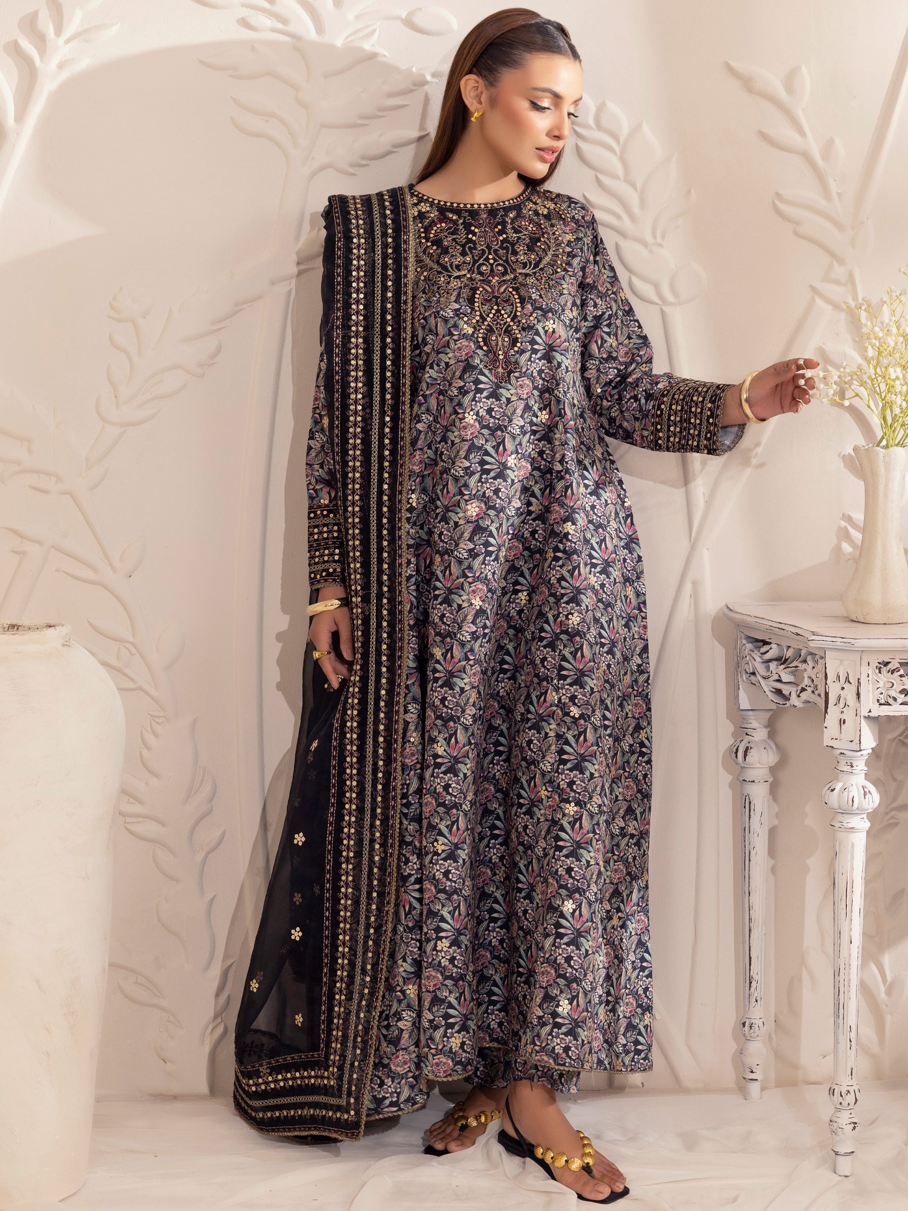 Black Embroidered Silk Lawn Salwar Kameez (3-Piece) - Image 14