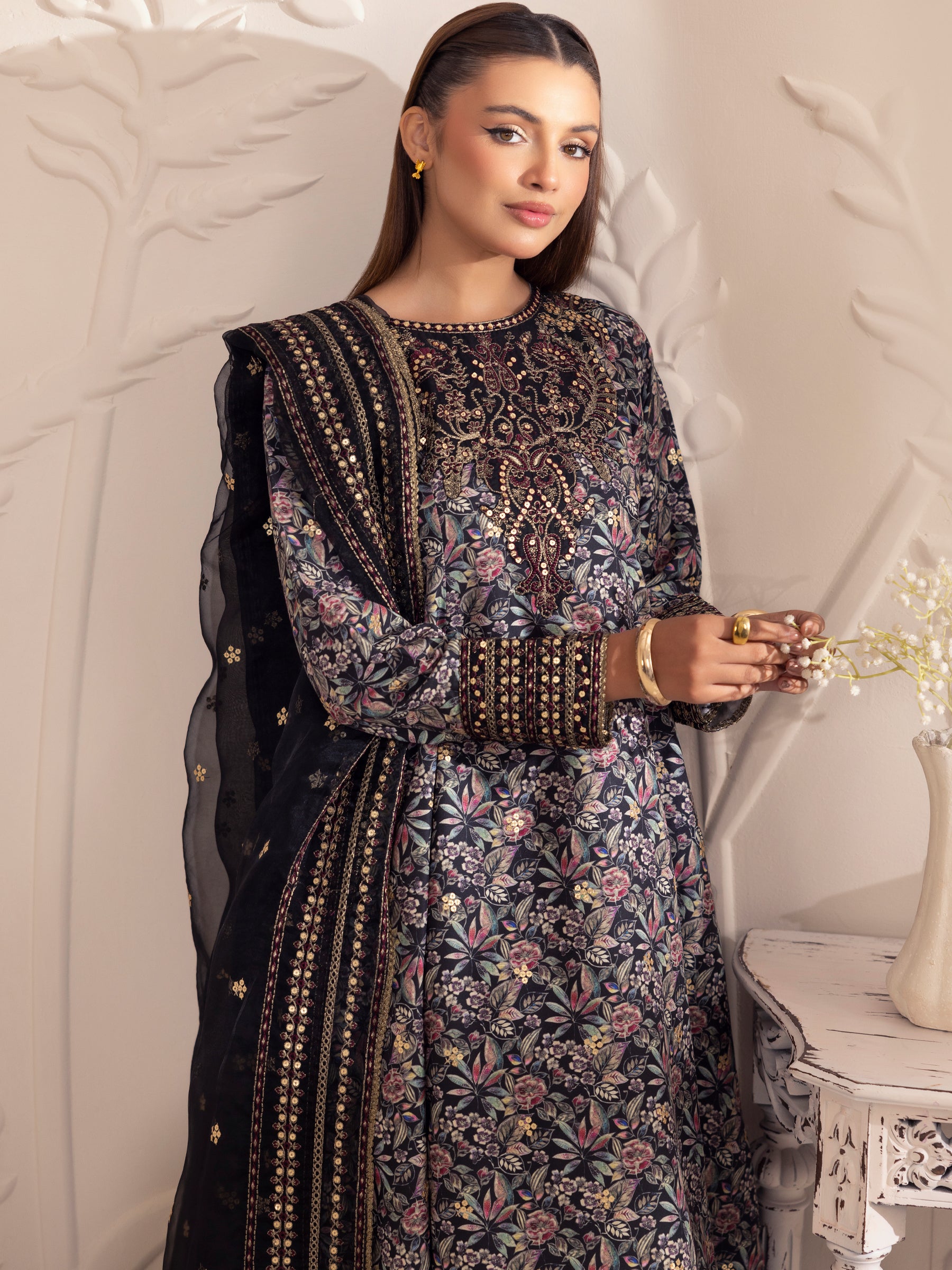 Black Embroidered Silk Lawn Salwar Kameez (3-Piece) - Image 2
