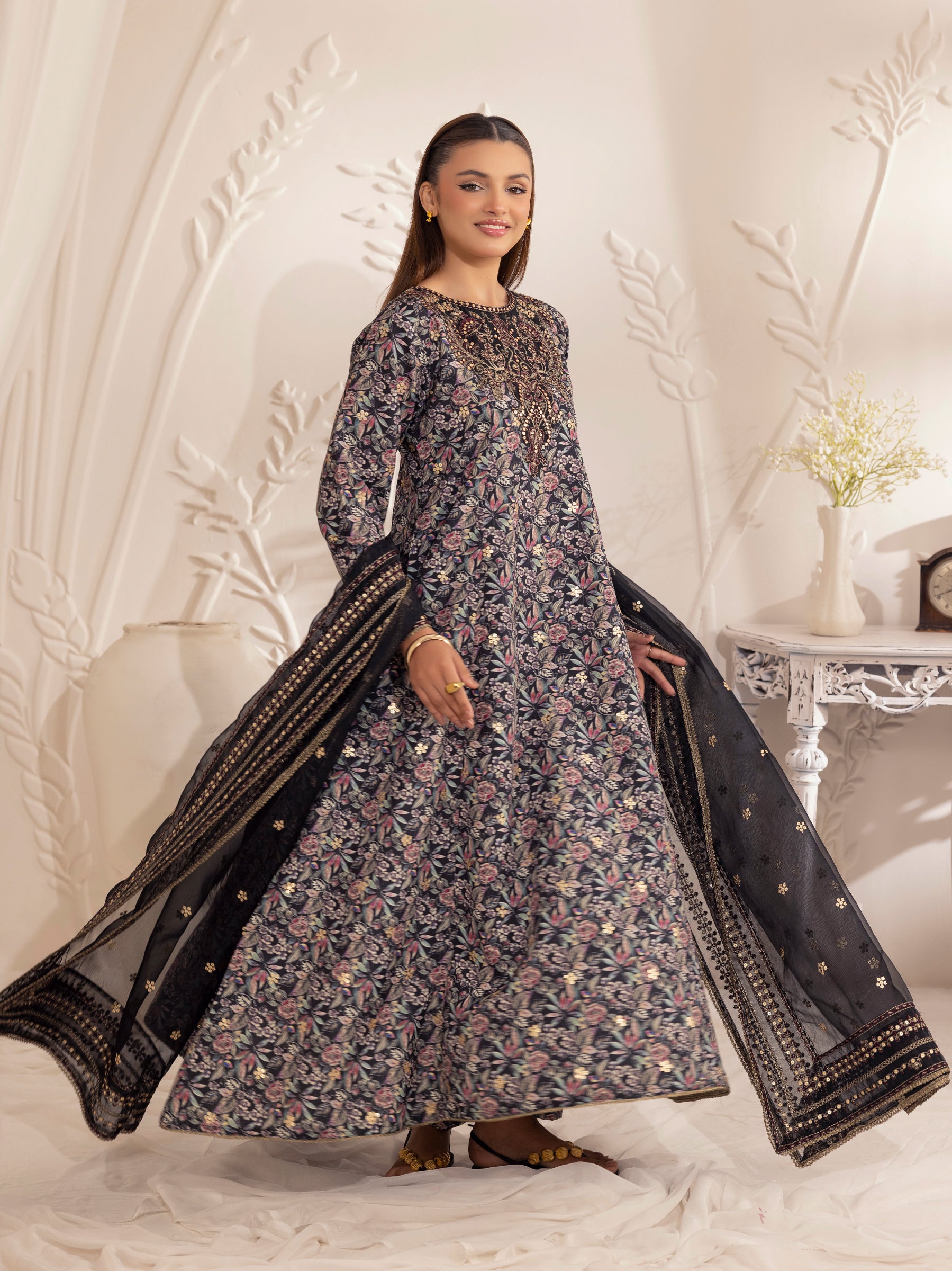 Black Embroidered Silk Lawn Salwar Kameez (3-Piece) - Image 3