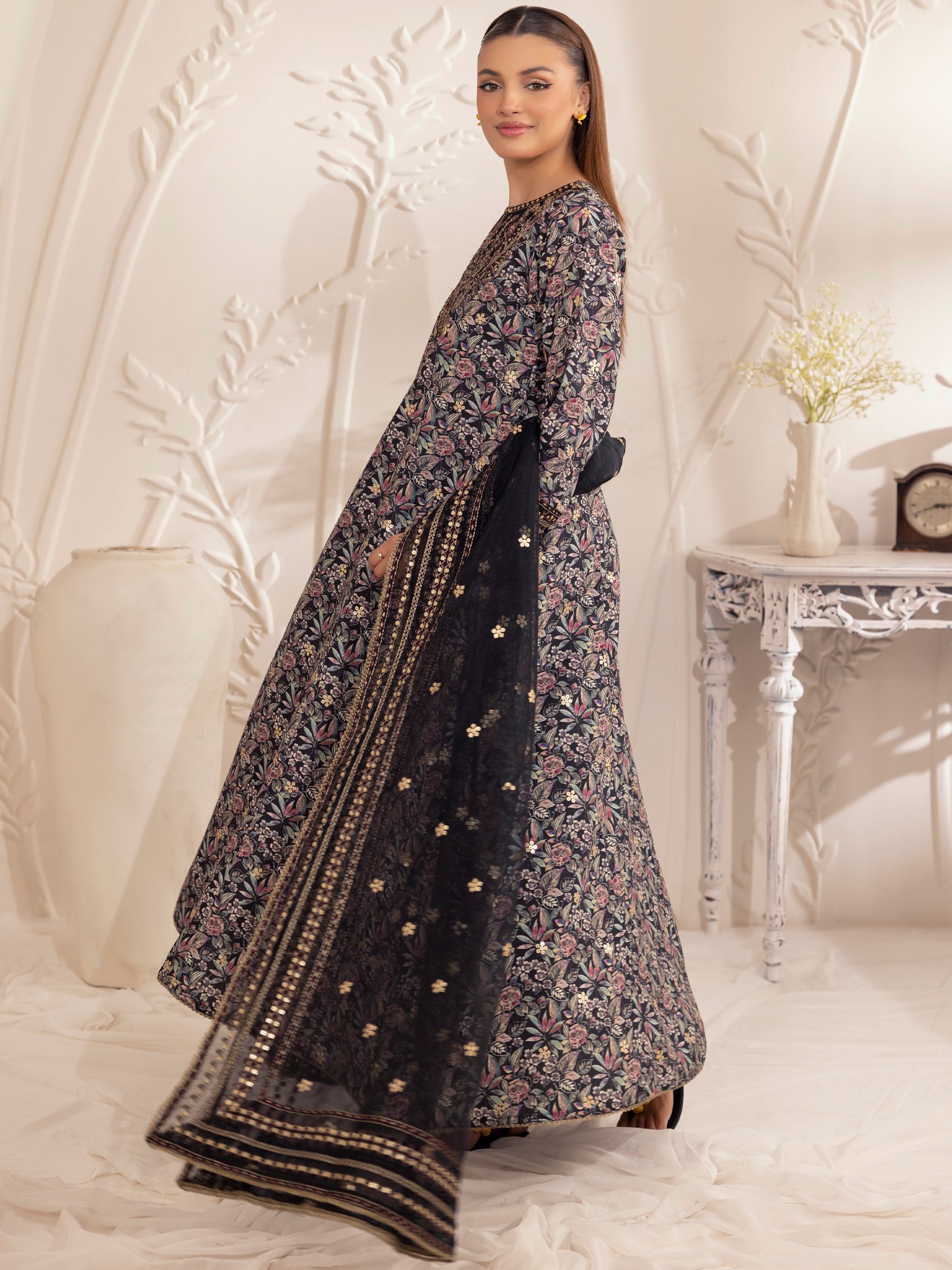 Black Embroidered Silk Lawn Salwar Kameez (3-Piece) - Image 4
