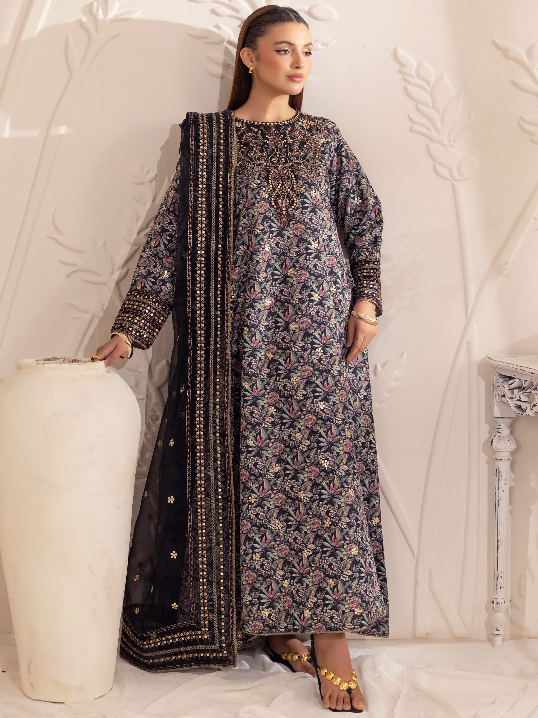 Black Embroidered Silk Lawn Salwar Kameez (3-Piece) - Image 5