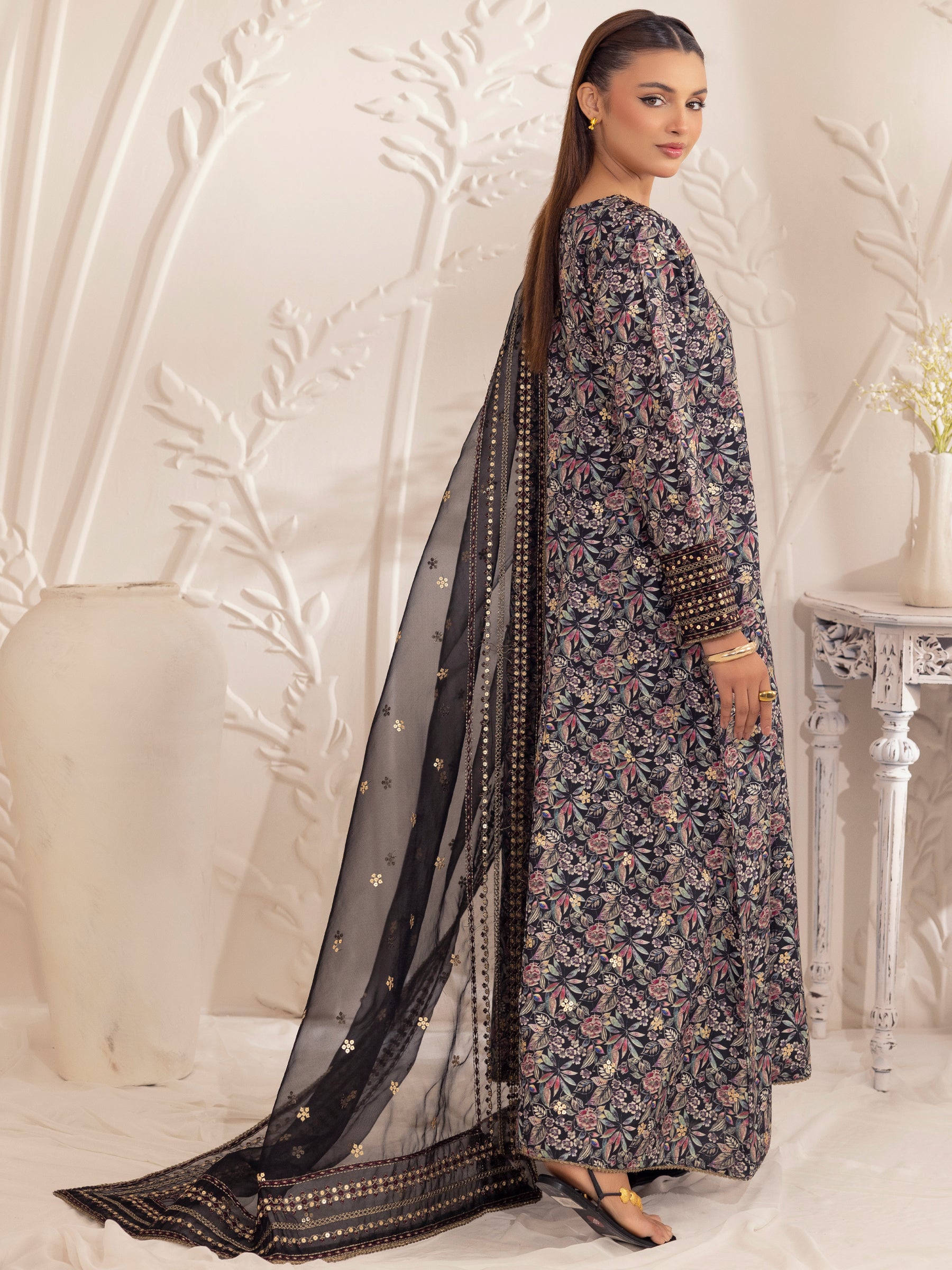 Black Embroidered Silk Lawn Salwar Kameez (3-Piece) - Image 6