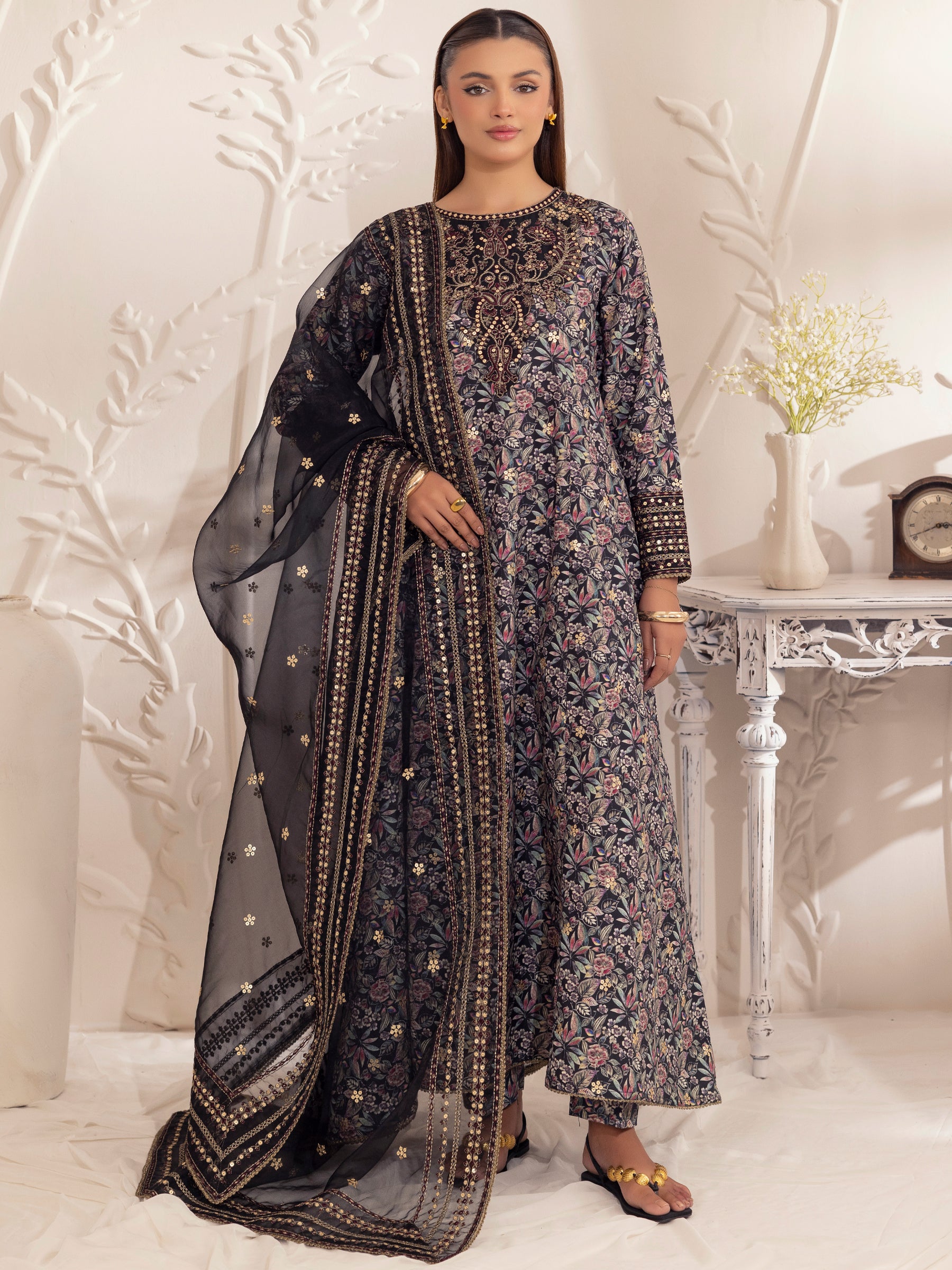Black Embroidered Silk Lawn Salwar Kameez (3-Piece) - Image 8