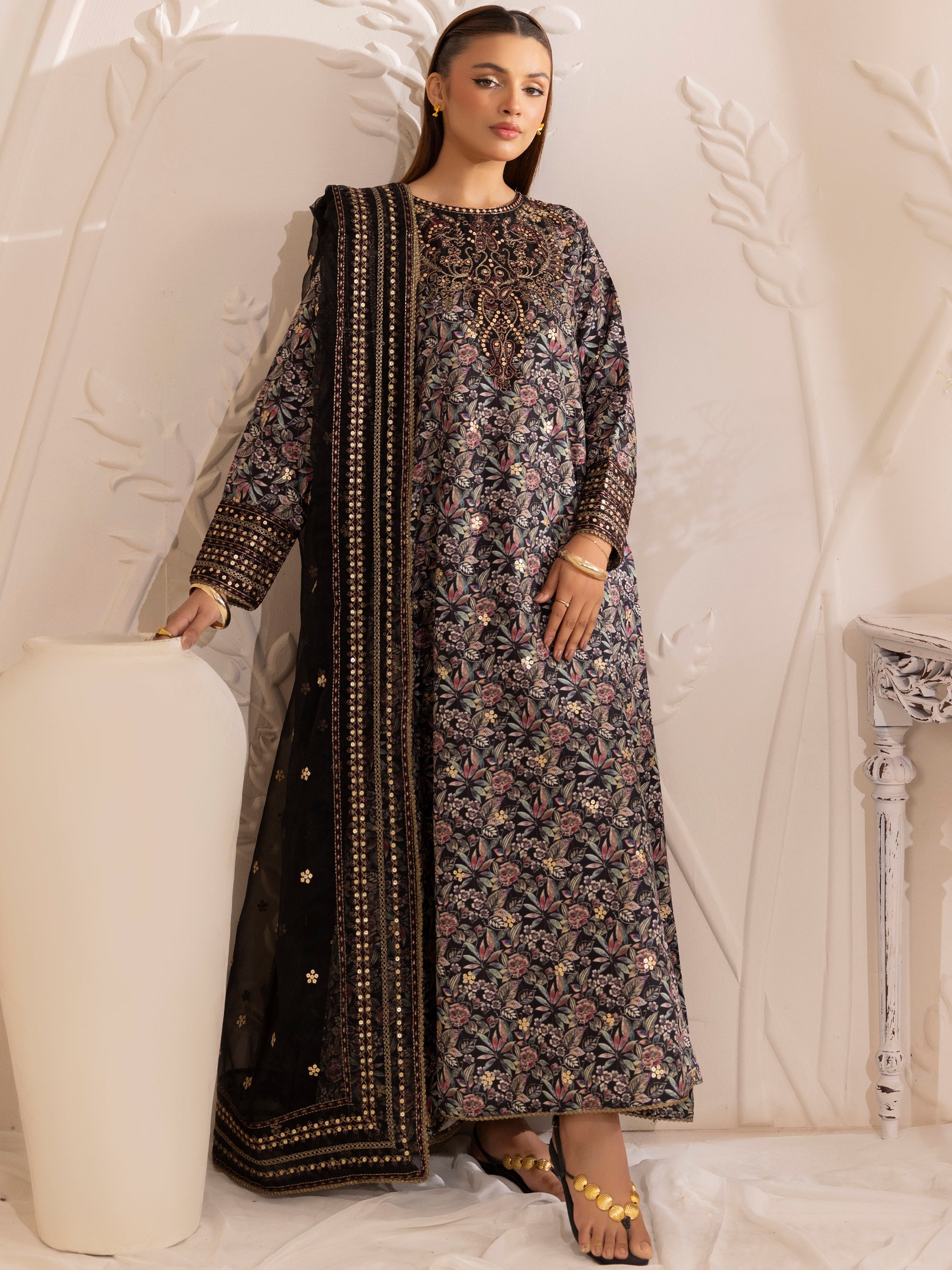Black Embroidered Silk Lawn Salwar Kameez (3-Piece) - Image 9