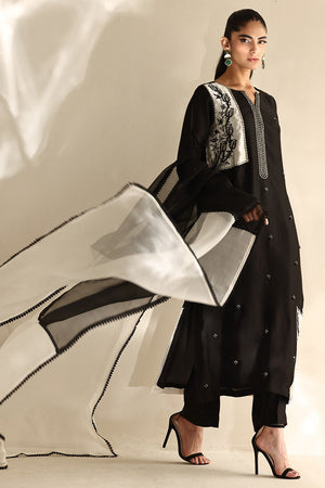 Black Patchwork Silk Salwar Kameez (3-Piece) - Image 1