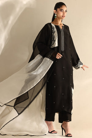 Black Patchwork Silk Salwar Kameez (3-Piece) - Image 2