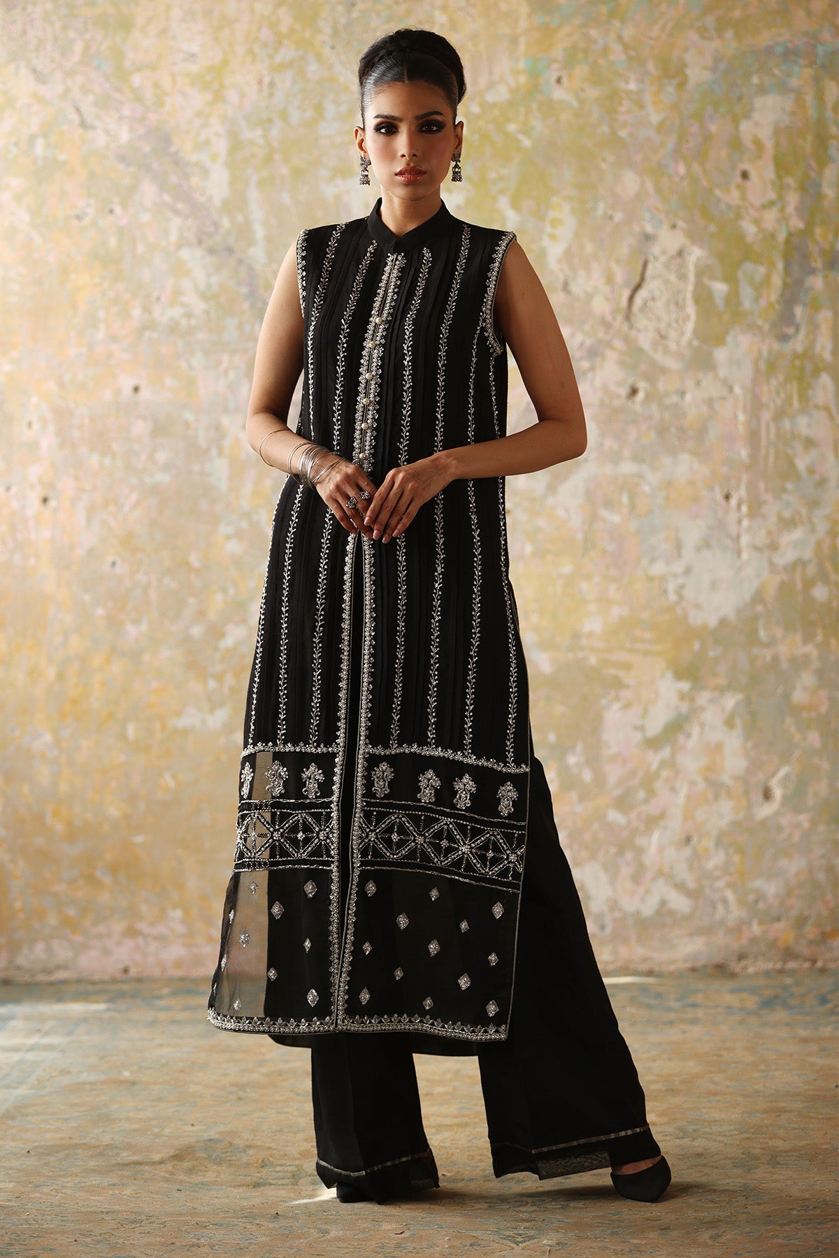 Black Hand-Embellished Silk Jacket Shirt (2-Piece) - Image 1