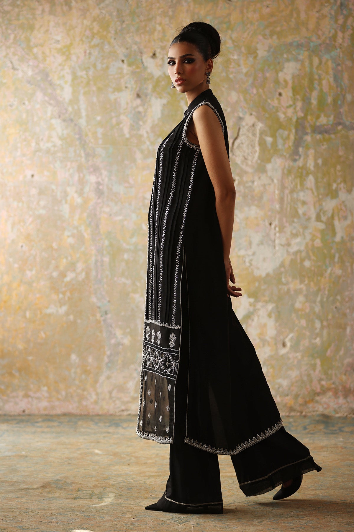 Black Hand-Embellished Silk Jacket Shirt (2-Piece) - Image 2