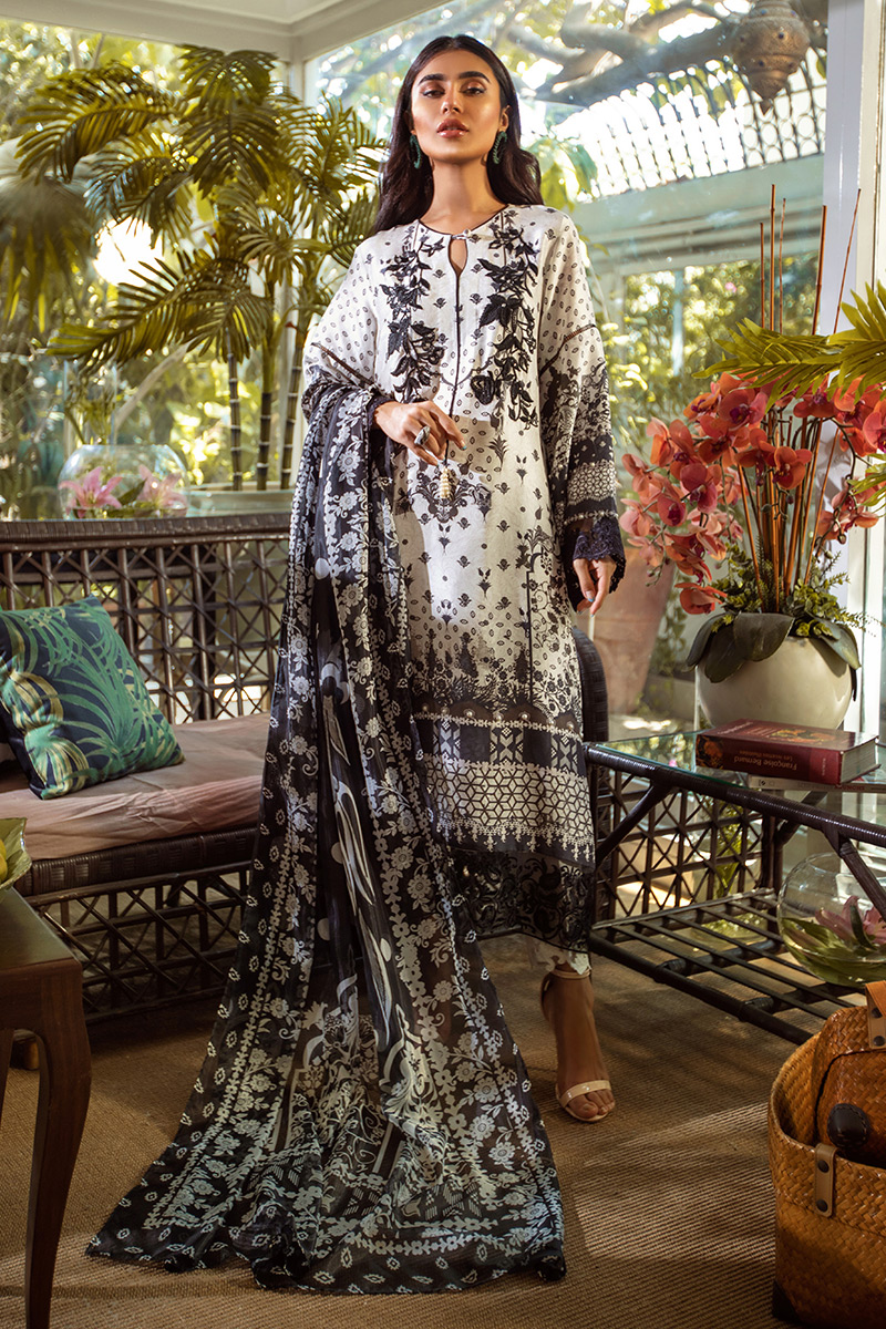 Pakistani Black and White Printed Pure Silk Salwar Kameez (3-Piece) - Image 1