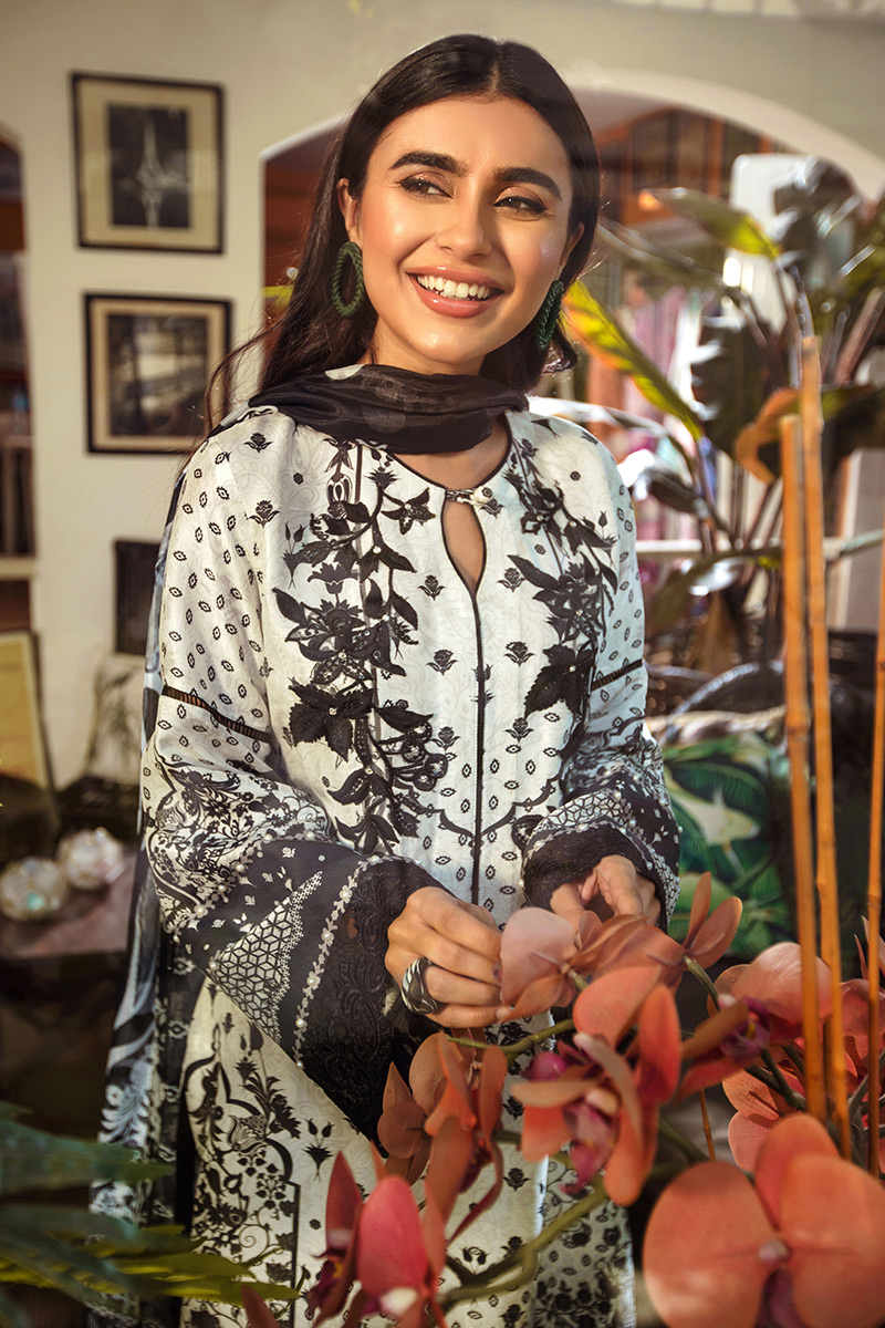 Pakistani Black and White Printed Pure Silk Salwar Kameez (3-Piece) - Image 2