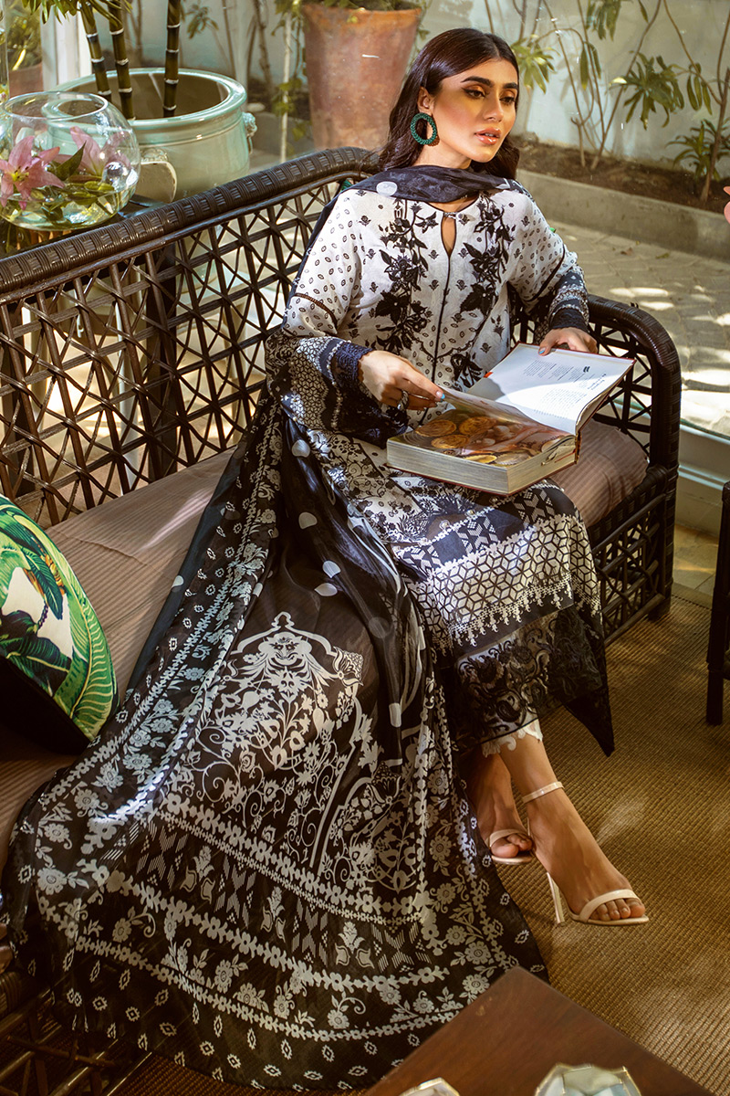 Pakistani Black and White Printed Pure Silk Salwar Kameez (3-Piece) - Image 3