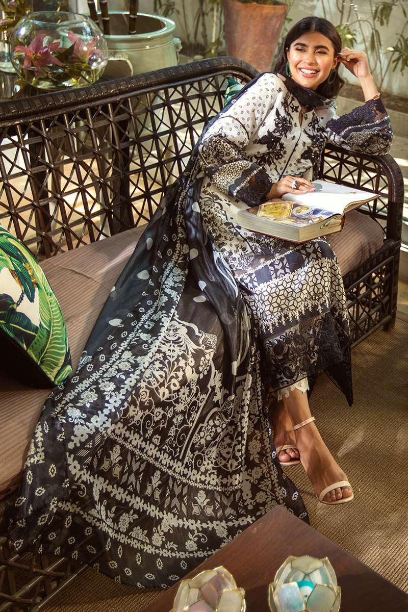 Pakistani Black and White Printed Pure Silk Salwar Kameez (3-Piece) - Image 5