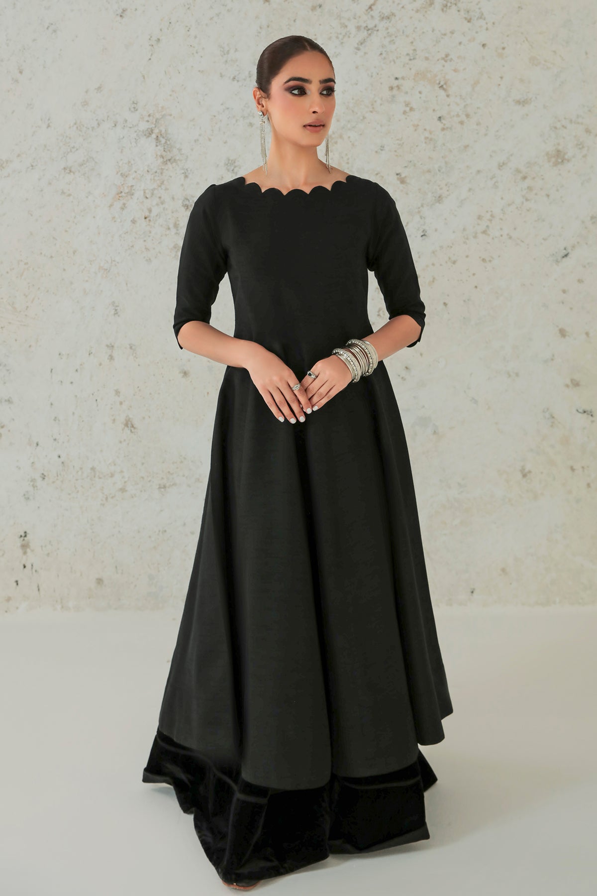 Pakistani Black Embroidered Silk A-Line Kameez (3-Piece) - Image 1