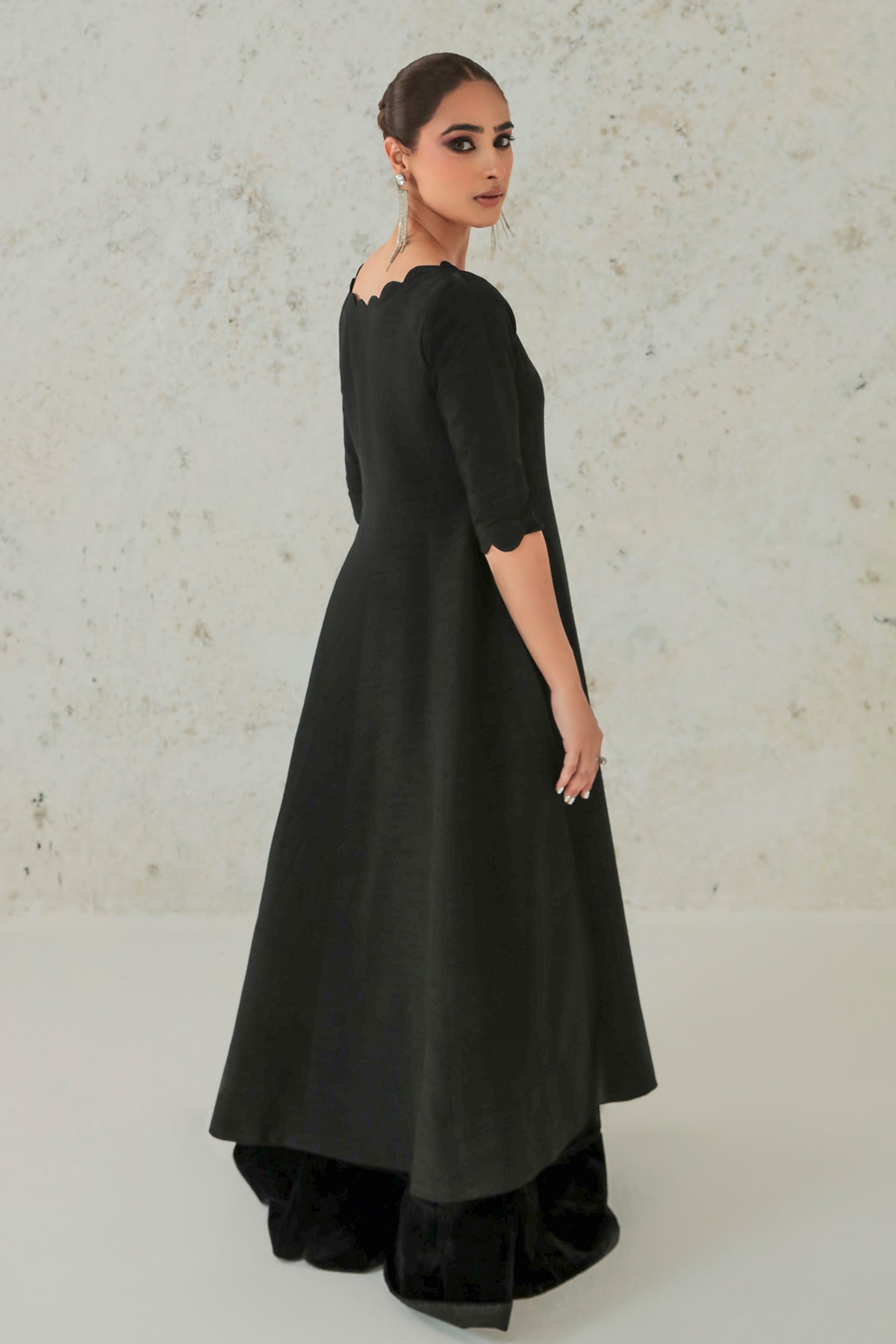 Pakistani Black Embroidered Silk A-Line Kameez (3-Piece) - Image 2