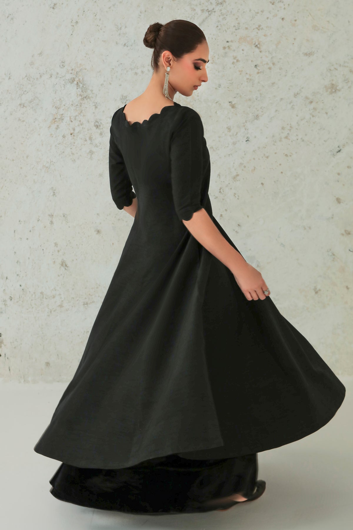 Pakistani Black Embroidered Silk A-Line Kameez (3-Piece) - Image 4