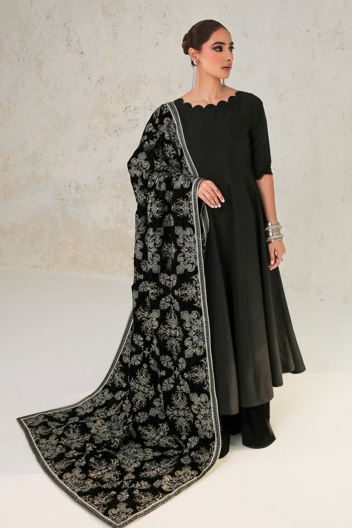 Pakistani Black Embroidered Silk A-Line Kameez (3-Piece) - Image 5
