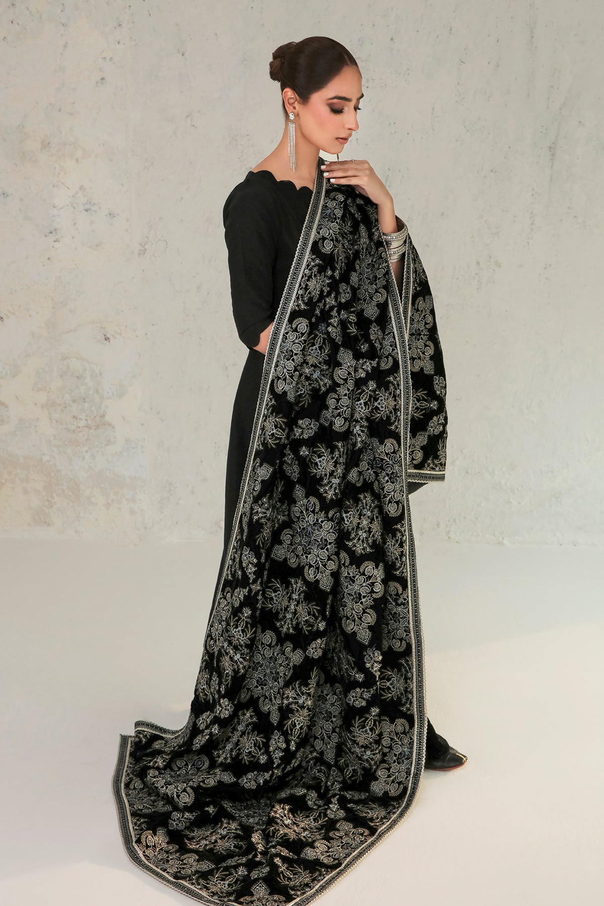 Pakistani Black Embroidered Silk A-Line Kameez (3-Piece) - Image 6