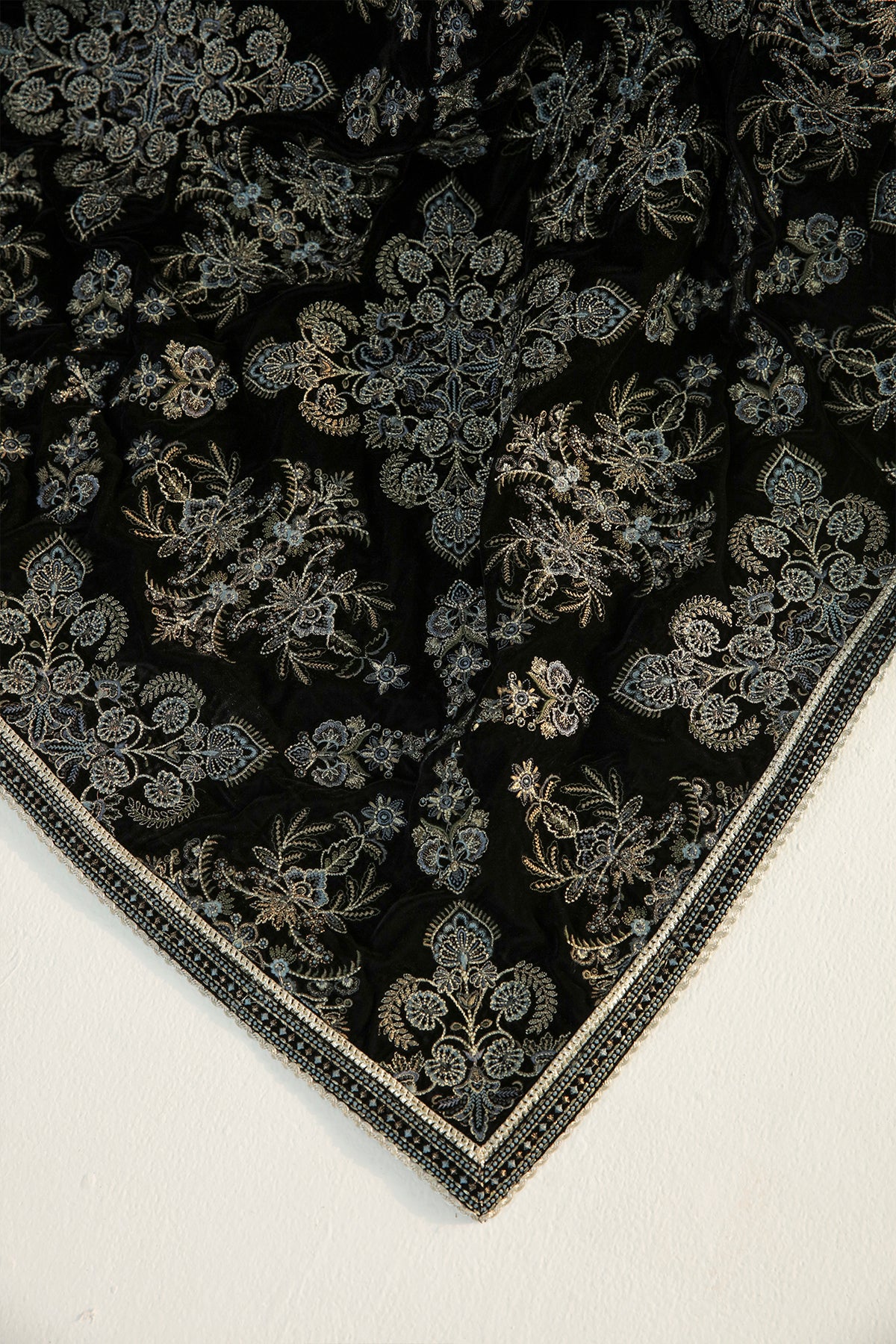 Pakistani Black Embroidered Silk A-Line Kameez (3-Piece) - Image 7