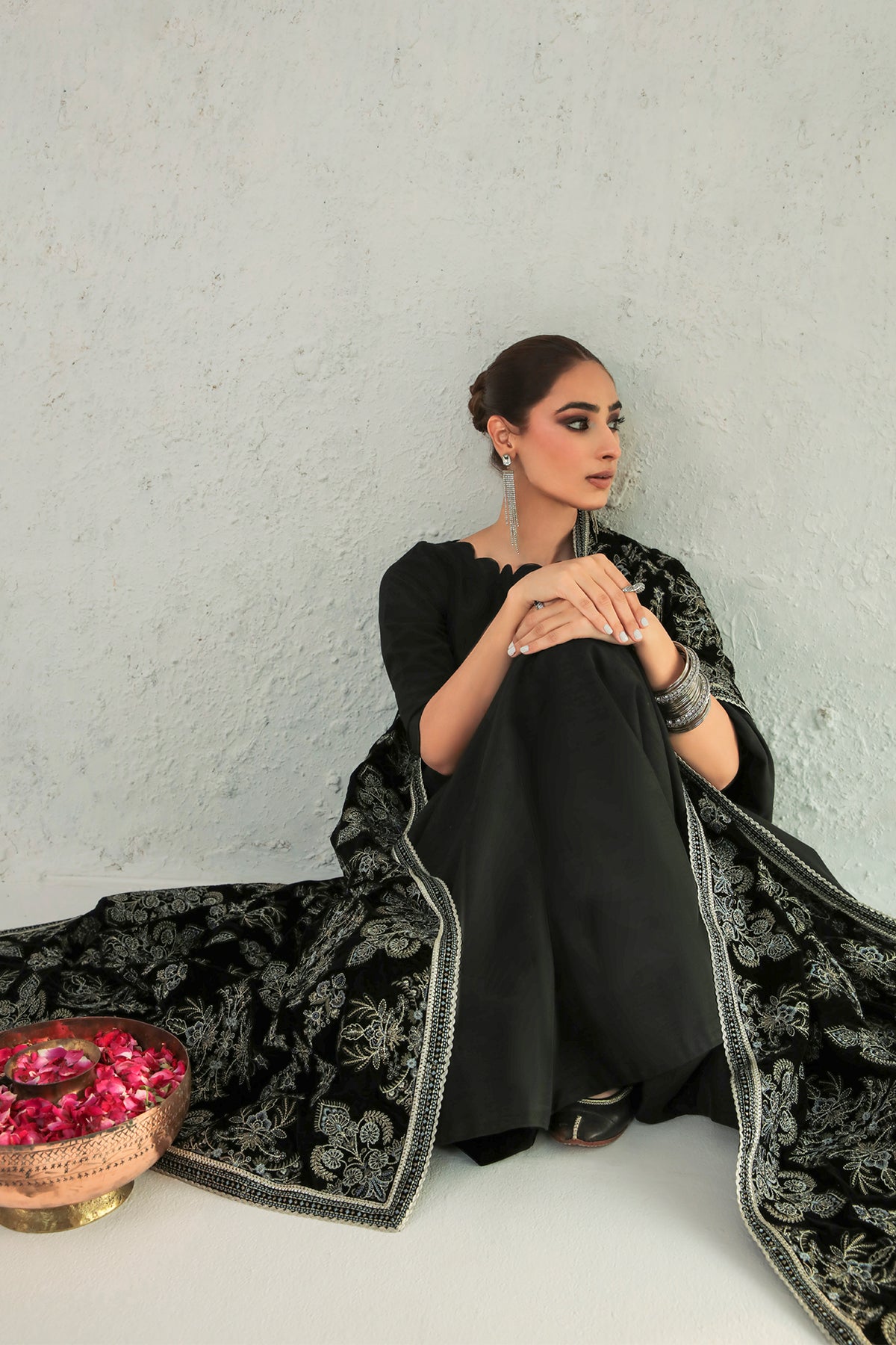 Pakistani Black Embroidered Silk A-Line Kameez (3-Piece) - Image 8