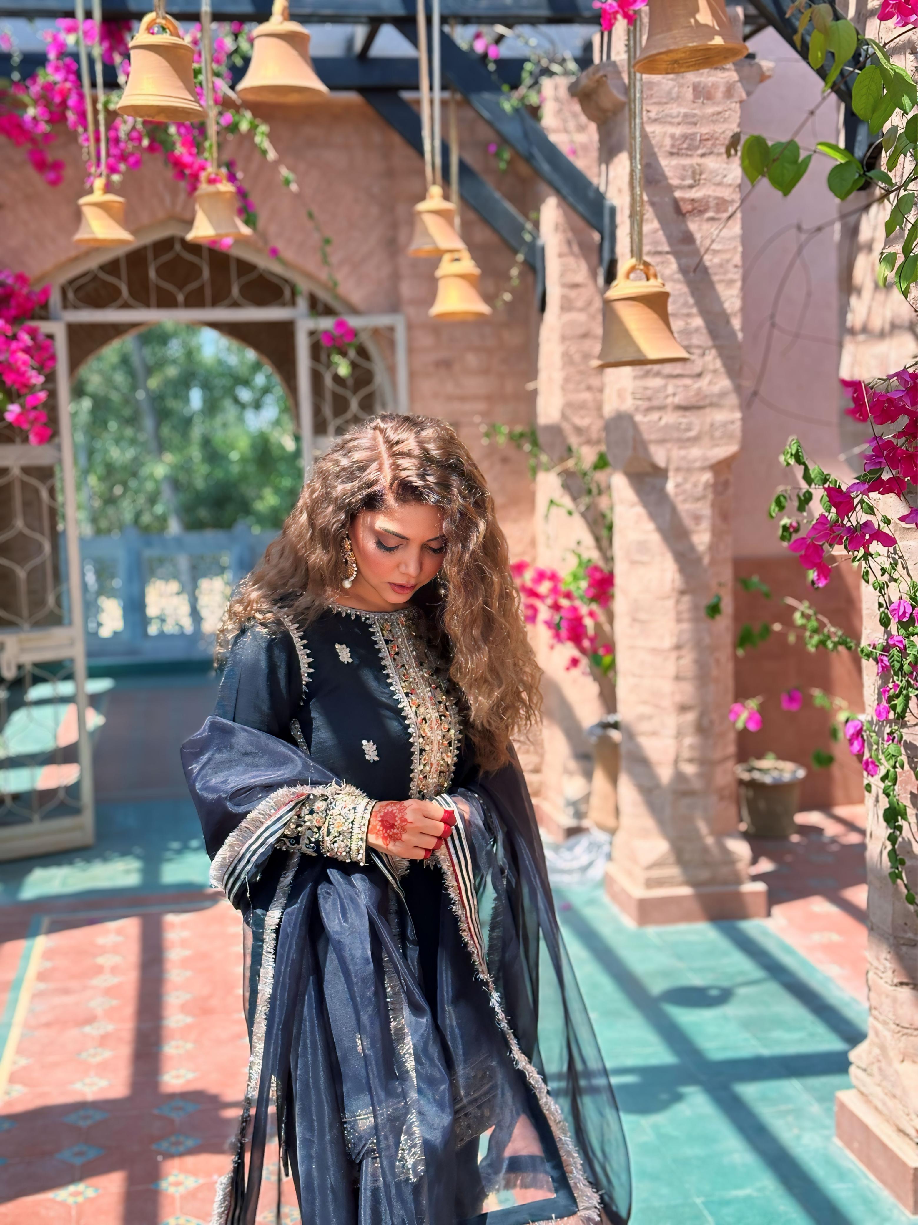 Pakistani Black Embroidered Silk Salwar Kameez (3-Piece) - Image 1