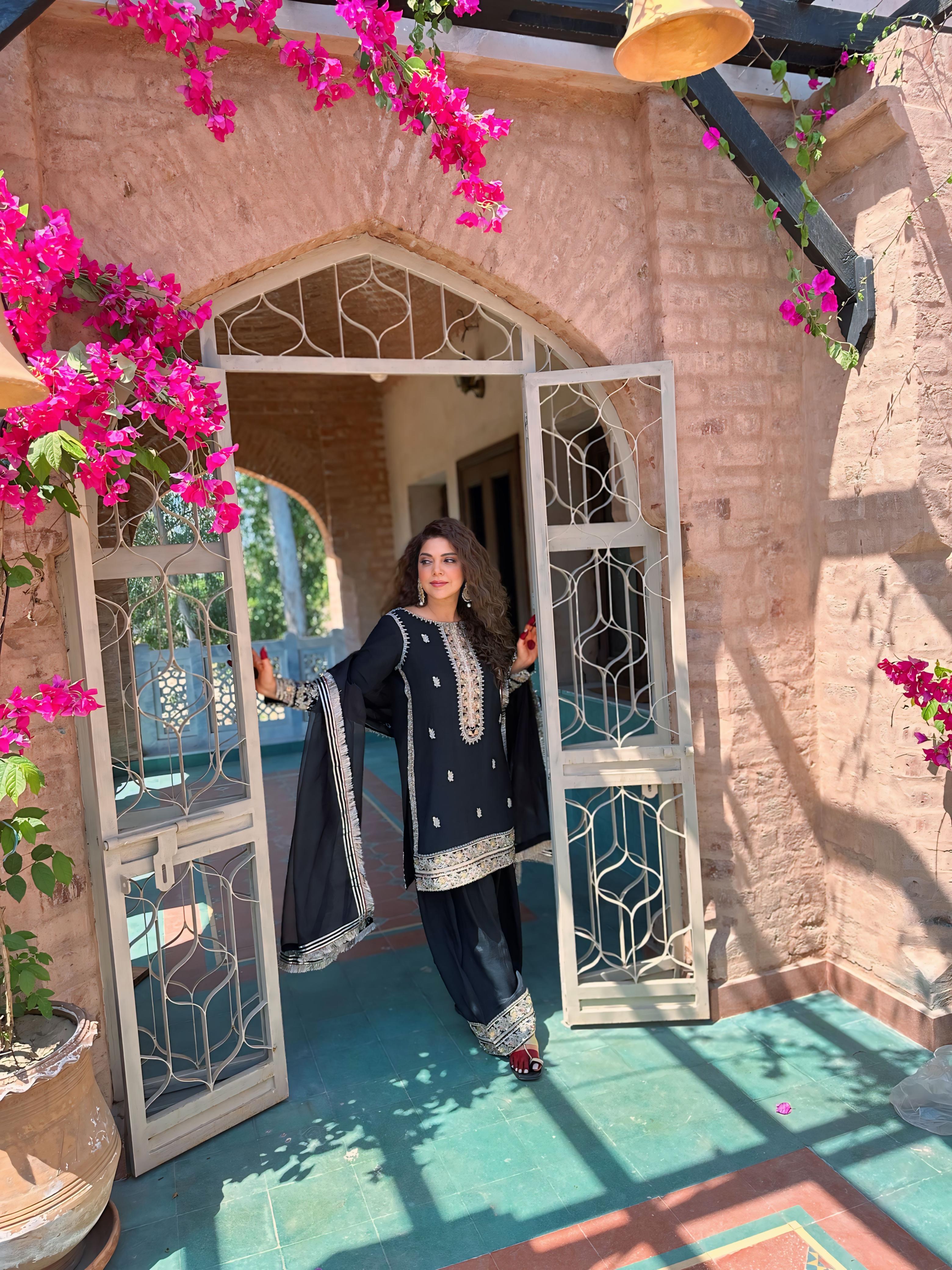 Pakistani Black Embroidered Silk Salwar Kameez (3-Piece) - Image 2