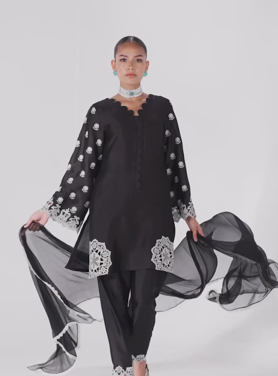 Pakistani Black Embroidered Silk Salwar Kameez (3-Piece) - Image 10