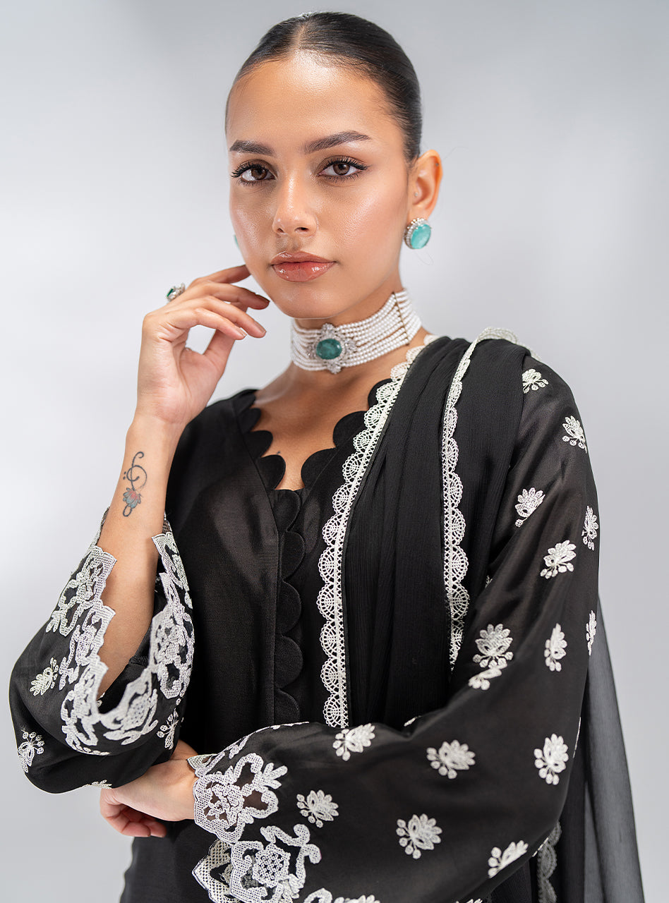 Pakistani Black Embroidered Silk Salwar Kameez (3-Piece) - Image 2