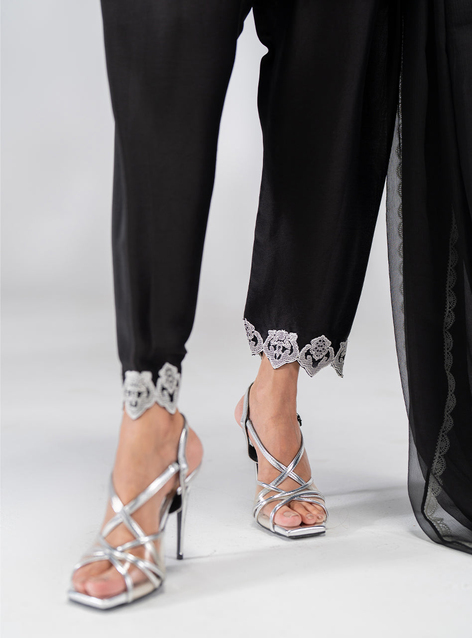 Pakistani Black Embroidered Silk Salwar Kameez (3-Piece) - Image 5