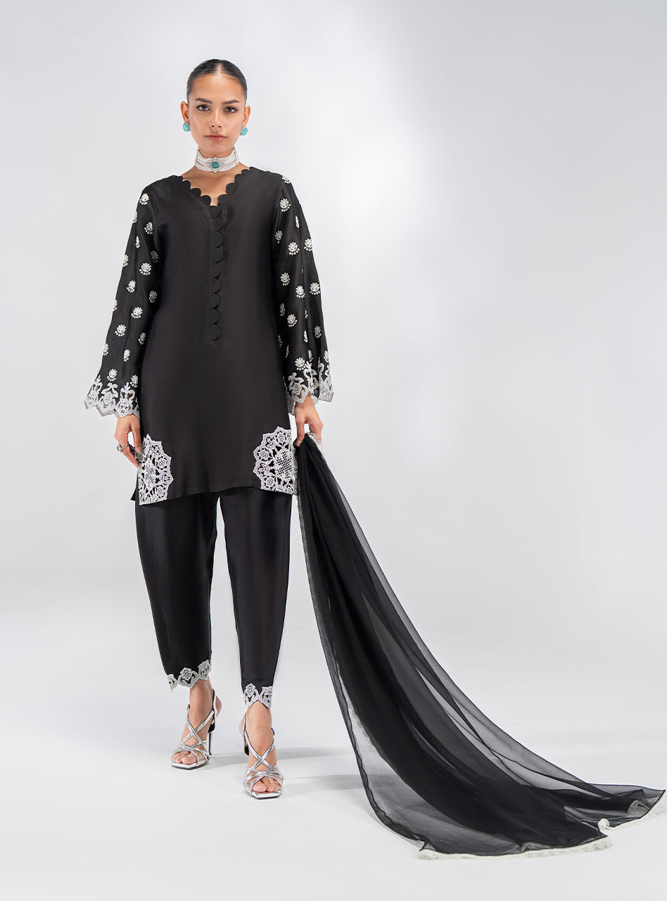 Pakistani Black Embroidered Silk Salwar Kameez (3-Piece) - Image 9