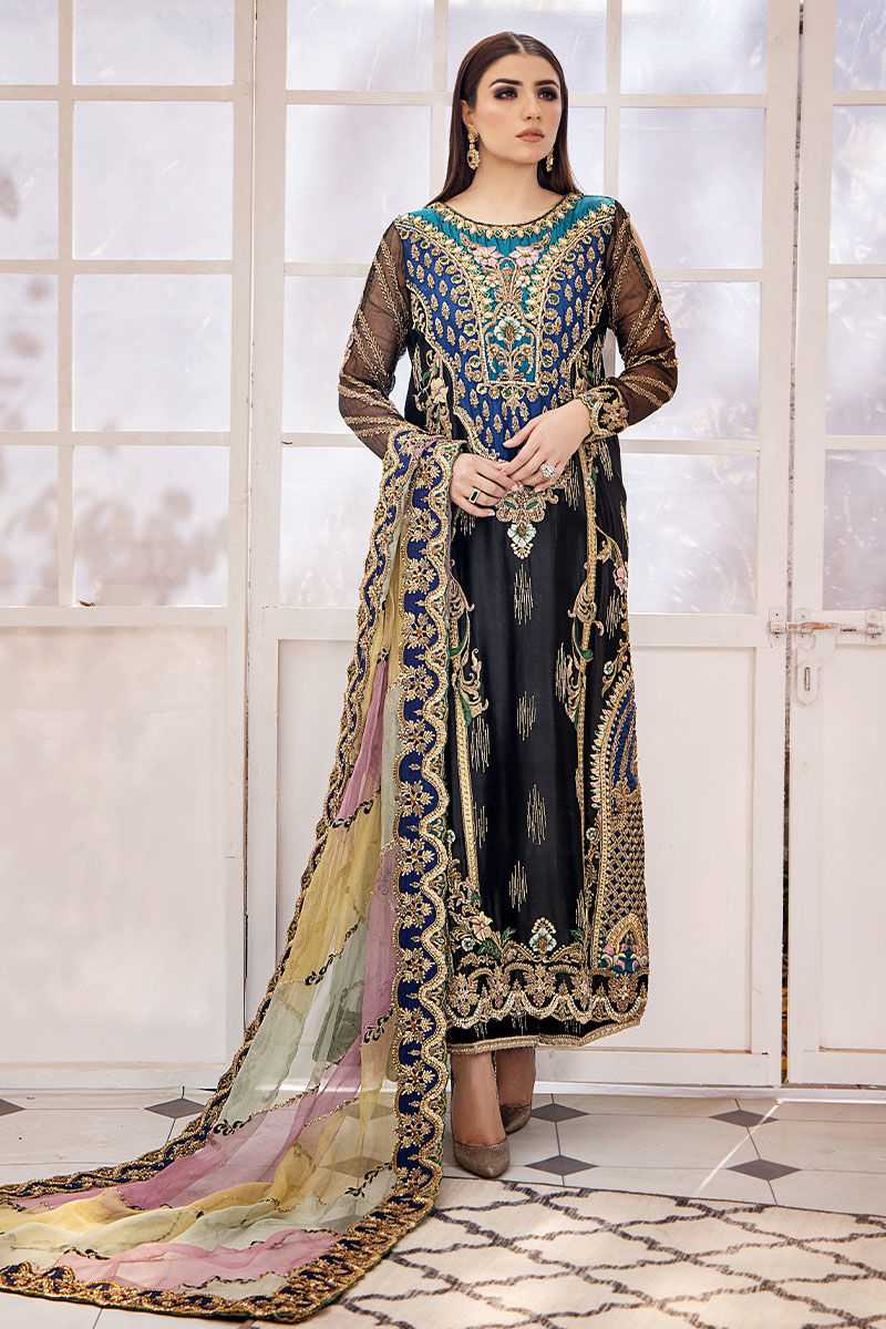 Slate Black Embroidered Silk Salwar Kameez (3-Piece) - Image 1