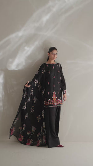 Black Embroidered Silk Salwar Kameez (3-Piece) - Image 7