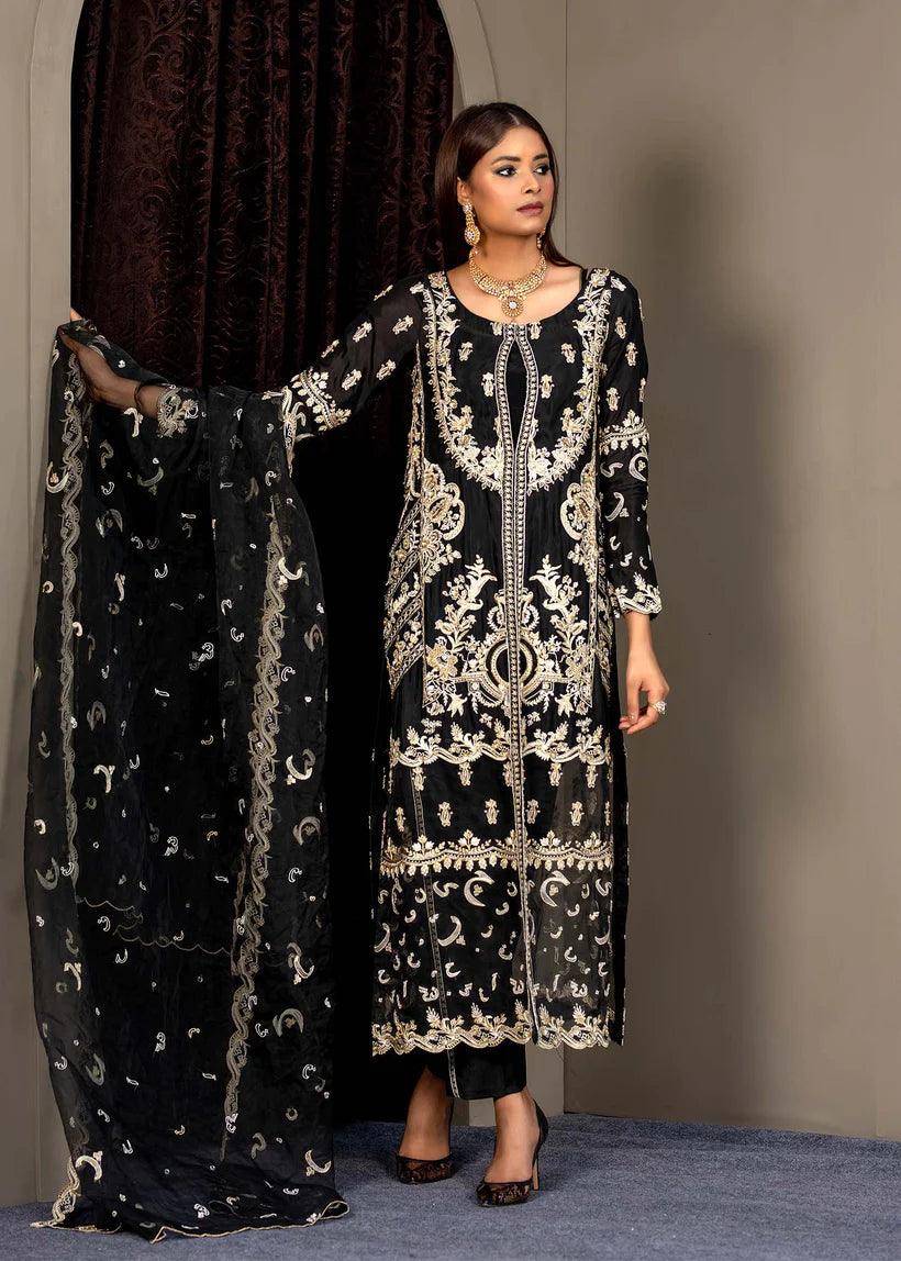 Pakistani Black Embroidered Silk & Organza Salwar Kameez (3-Piece) - Image 1