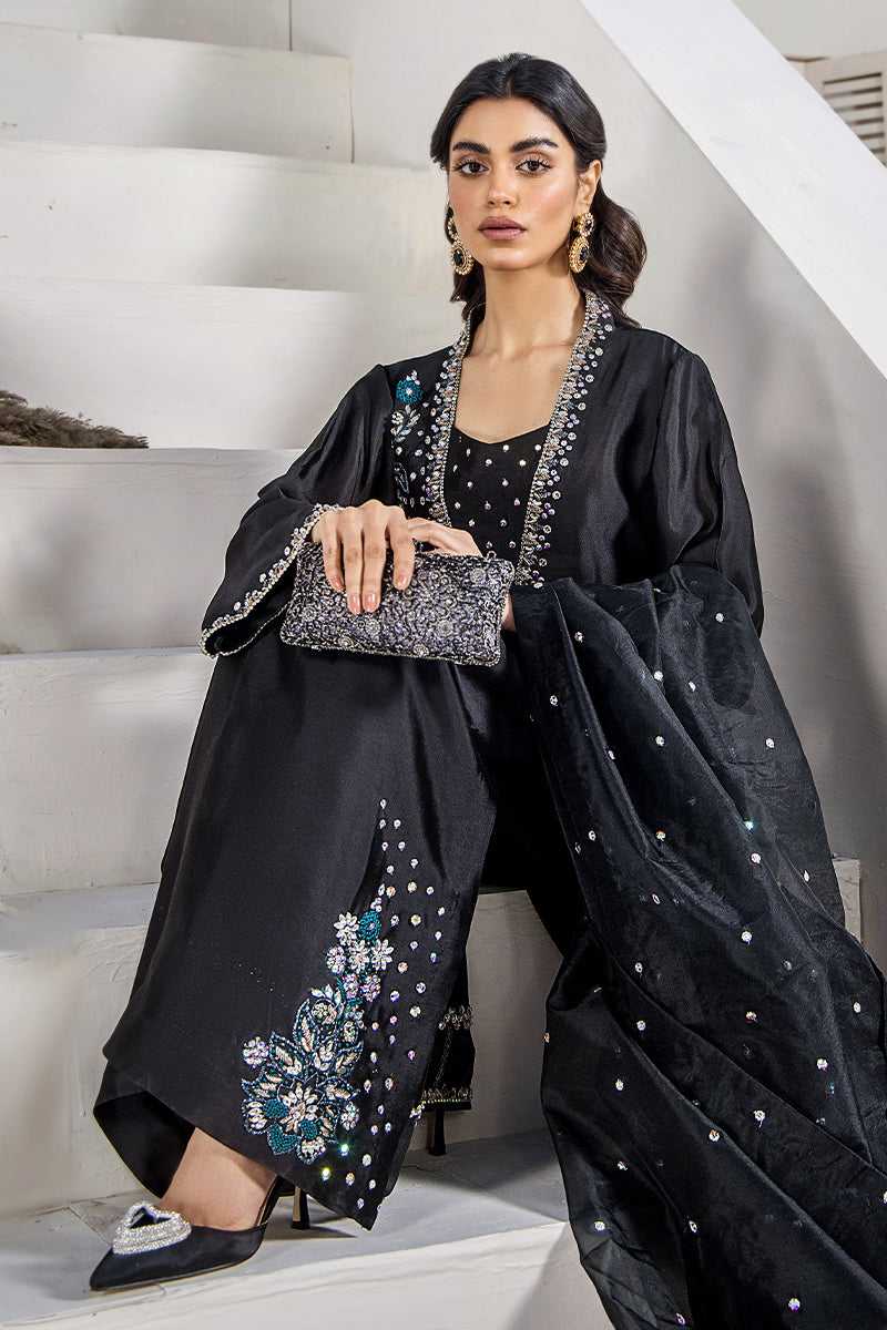 Pakistani Charcoal Embellished Silk Tissue Salwar Kameez (3-Piece) - Image 1
