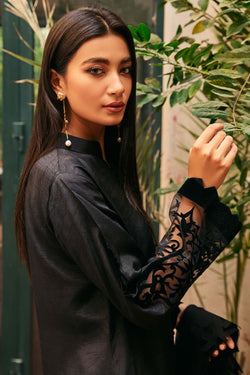 Pakistani Black Velvet Appliqué Silk Salwar Kameez (3-Piece) - Image 1