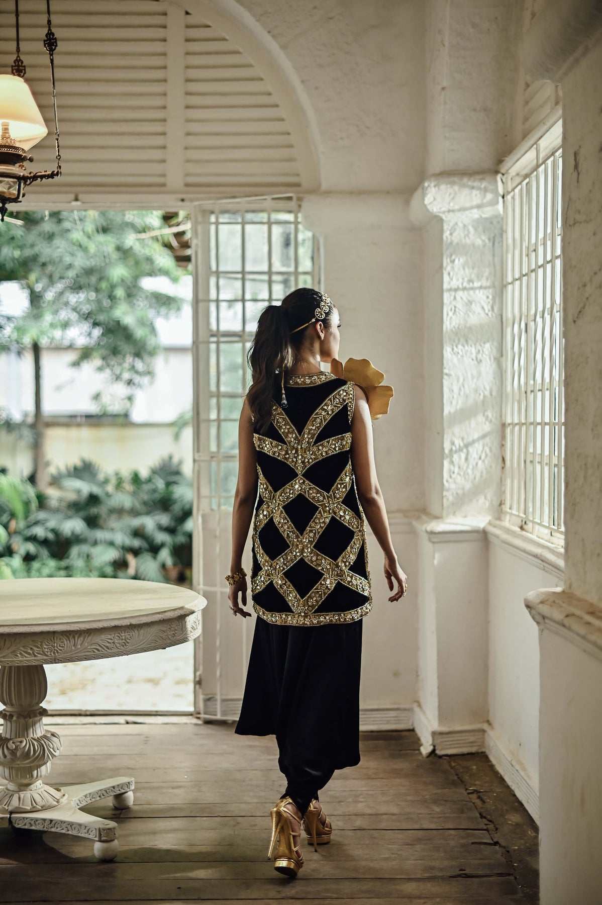 Pakistani Black Bejewelled Silk Velvet Jacket Set (2-Piece) - Image 6